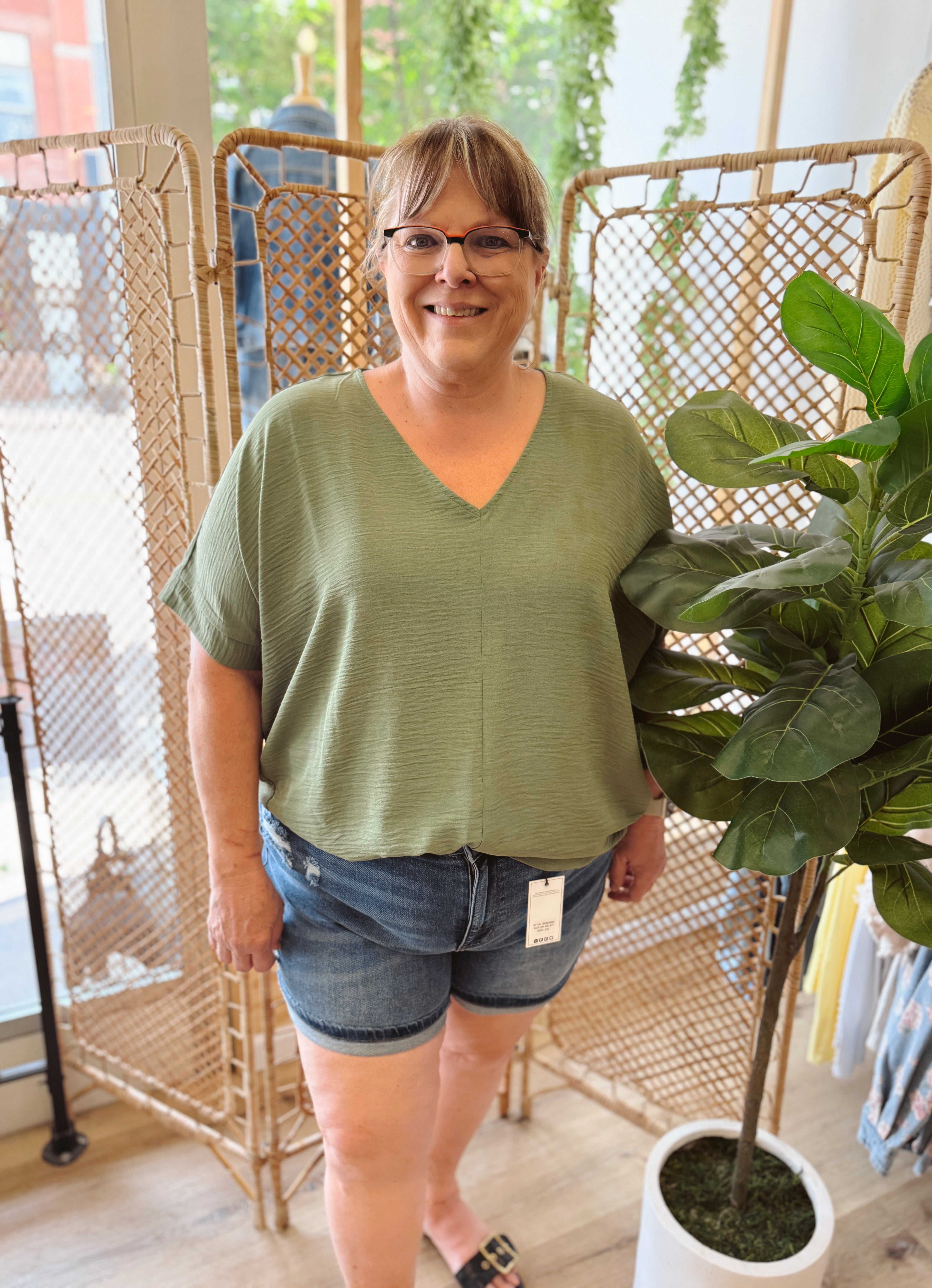Zen V Neck Seam Top-Olive-Short Sleeve Tops-Zenana-The Silo Boutique, Women's Fashion Boutique Located in Warren and Grand Forks North Dakota