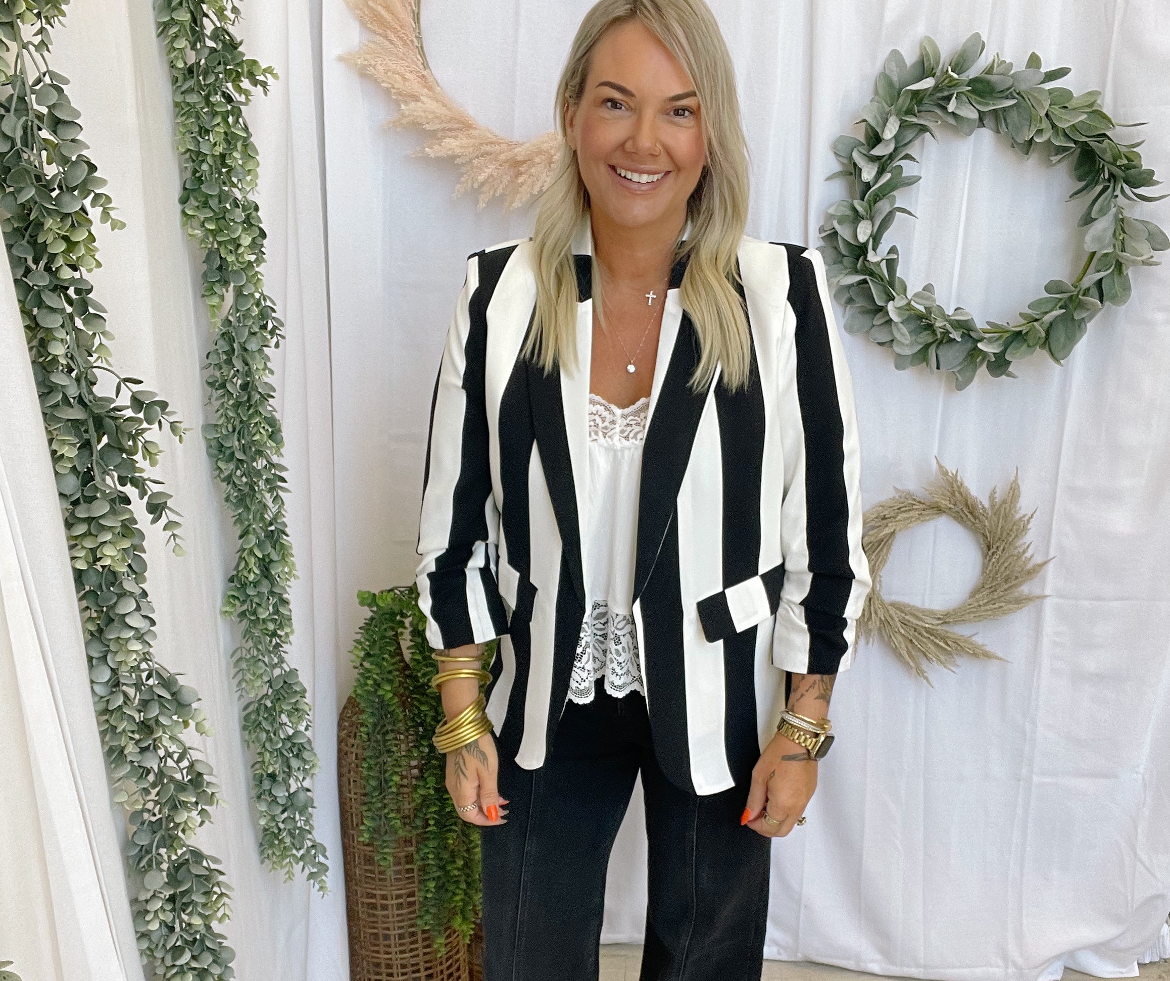Viv Striped Blazer-Black and White-Blazers-oddi-The Silo Boutique, Women's Fashion Boutique Located in Warren and Grand Forks North Dakota