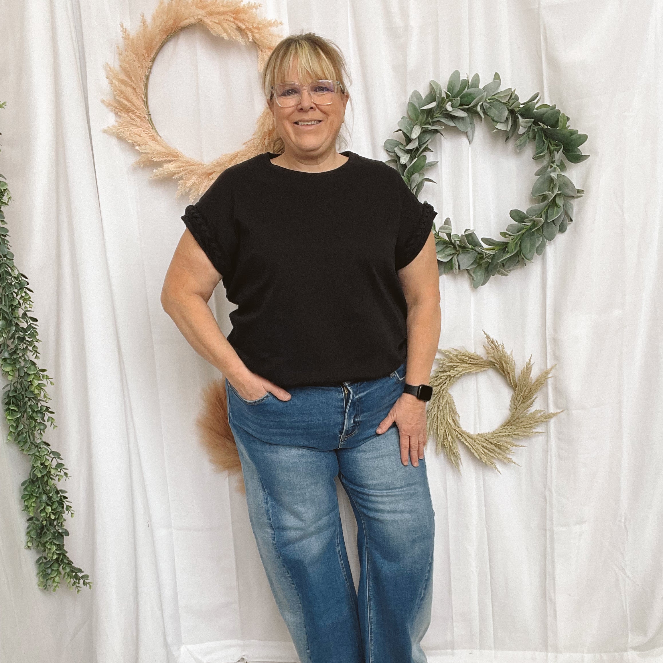 Eve Braided Sleeve Top-Black-Short Sleeve Tops-ENTRO-The Silo Boutique, Women's Fashion Boutique Located in Warren and Grand Forks North Dakota