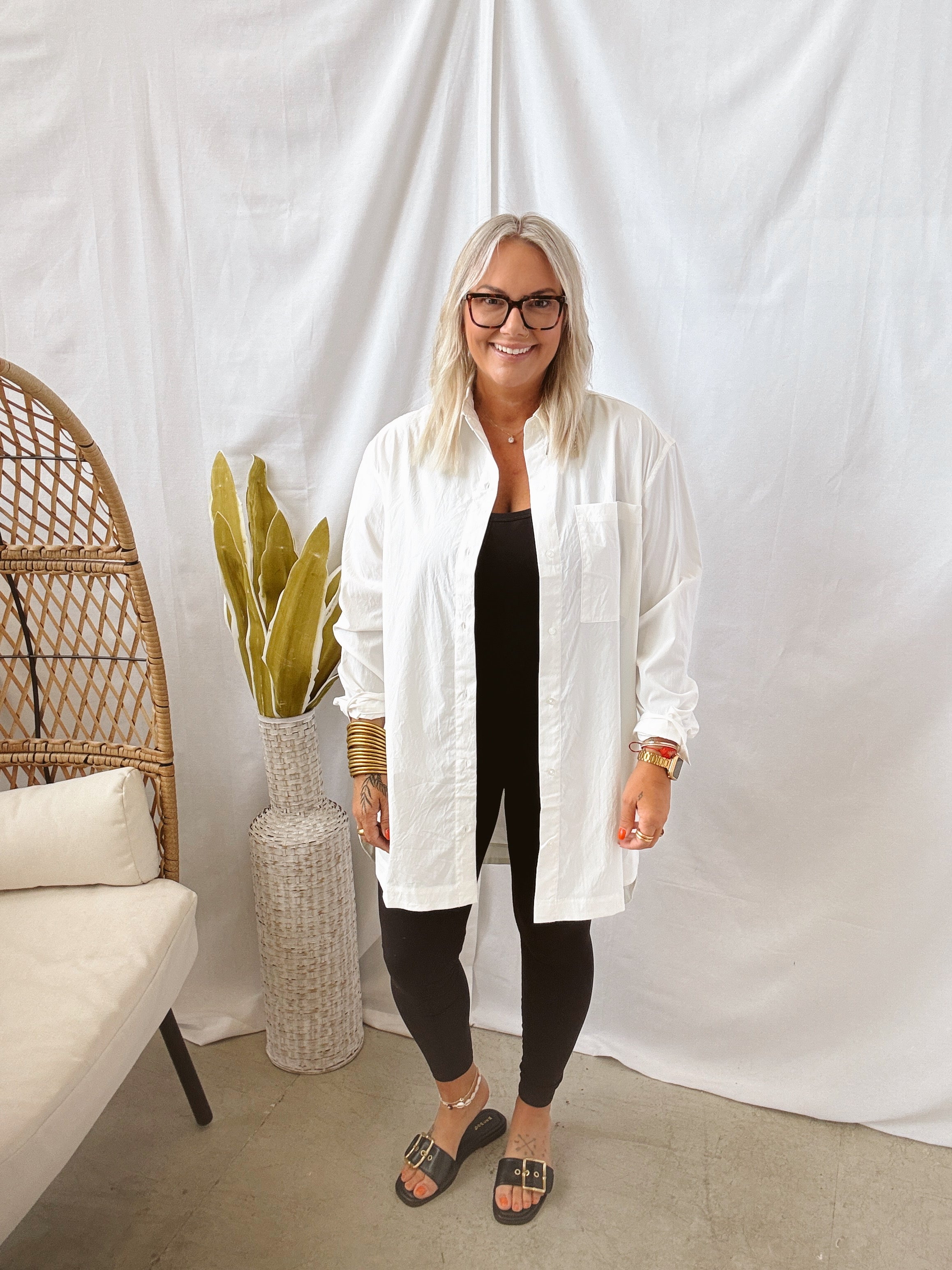 Oversized White Collared Button Up Top-Long Sleeve Tops-mono b-The Silo Boutique, Women's Fashion Boutique Located in Warren and Grand Forks North Dakota