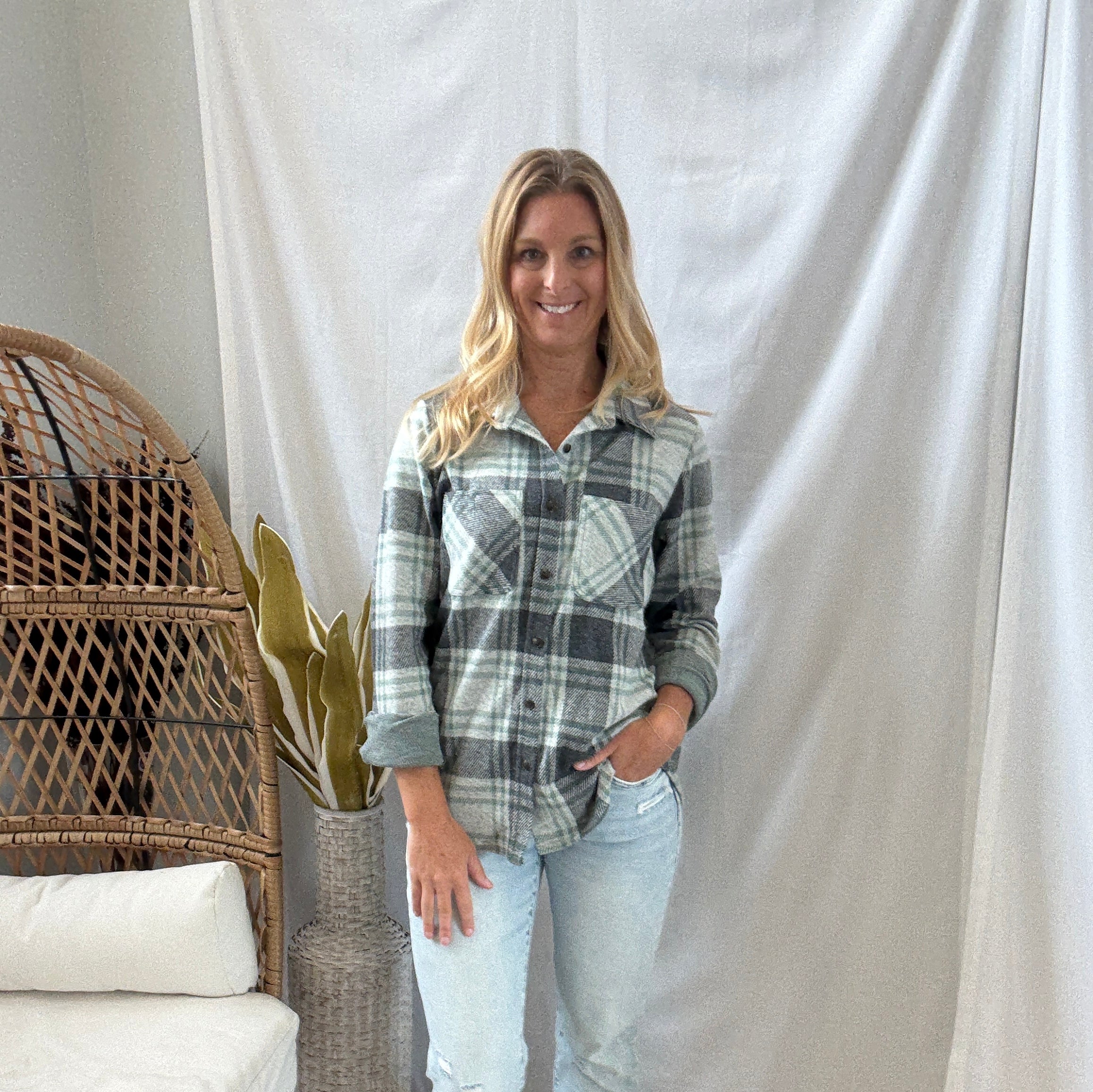 Gray Plaid Button Up Flannel Top-Long Sleeve Tops-panache-The Silo Boutique, Women's Fashion Boutique Located in Warren and Grand Forks North Dakota