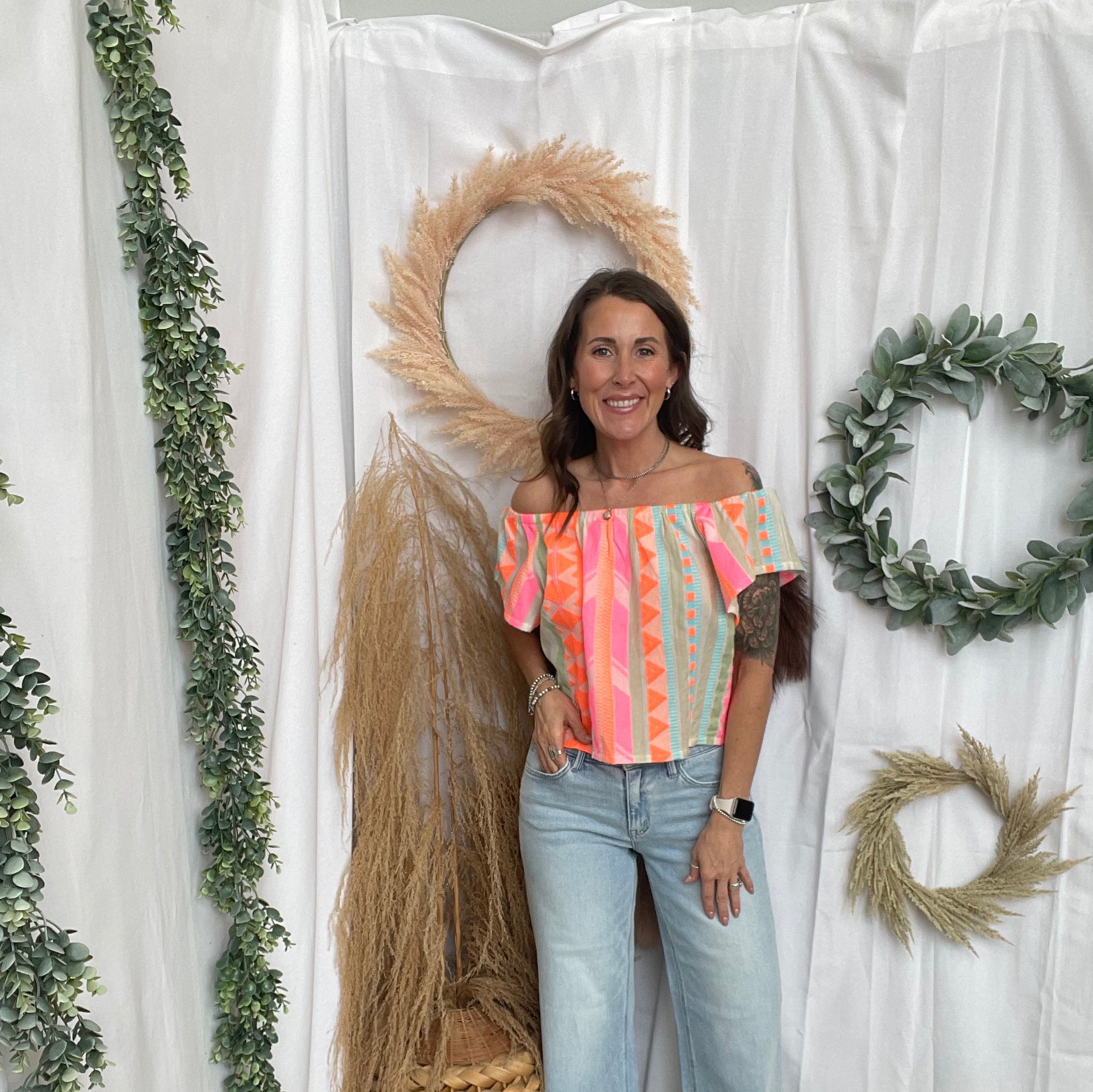 Elan Neon Aztec Off Shoulder Top-Final Sale-Short Sleeve Tops-elan-The Silo Boutique, Women's Fashion Boutique Located in Warren and Grand Forks North Dakota