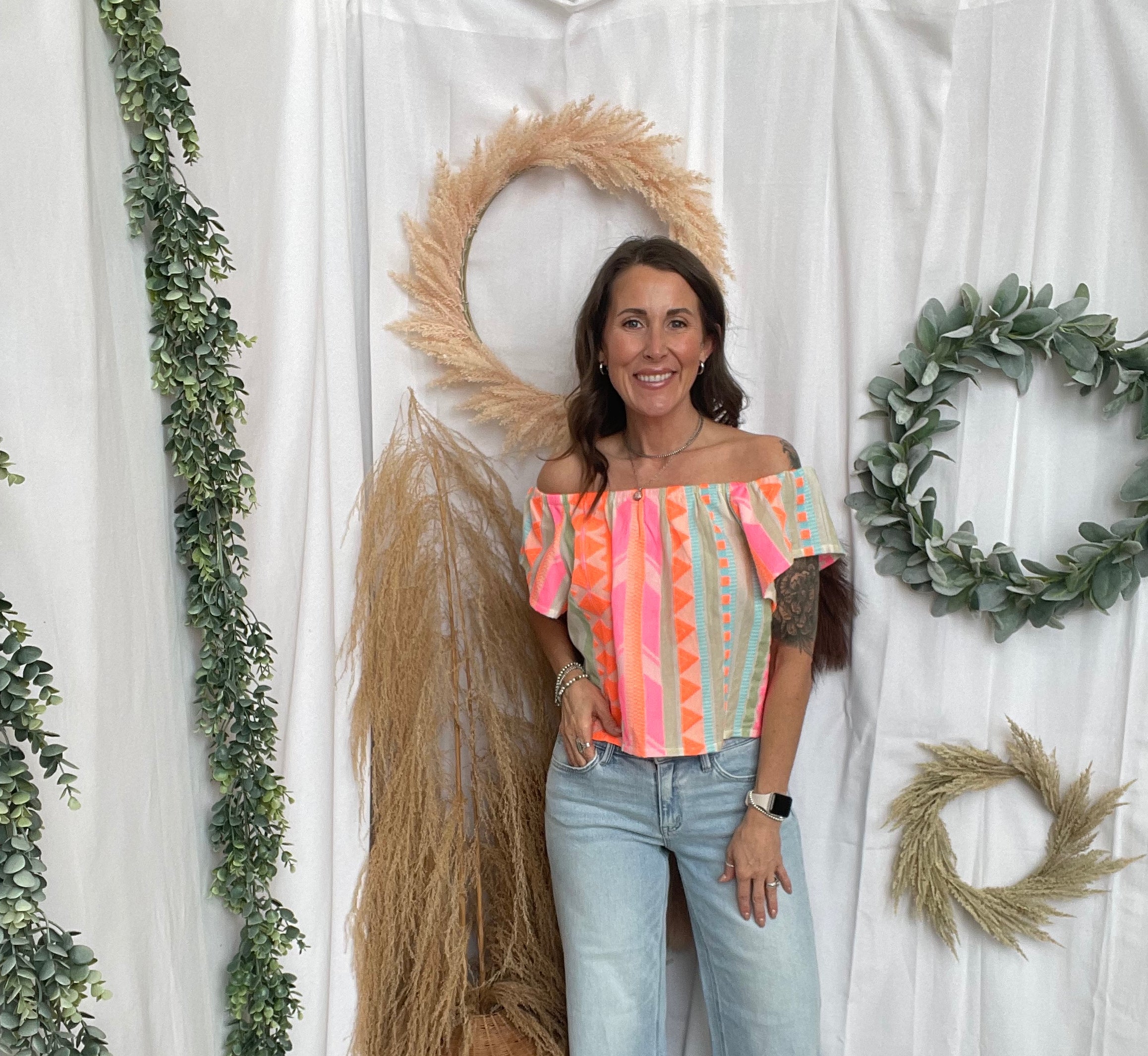 Elan Neon Aztec Off Shoulder Top-Final Sale-Short Sleeve Tops-elan-The Silo Boutique, Women's Fashion Boutique Located in Warren and Grand Forks North Dakota