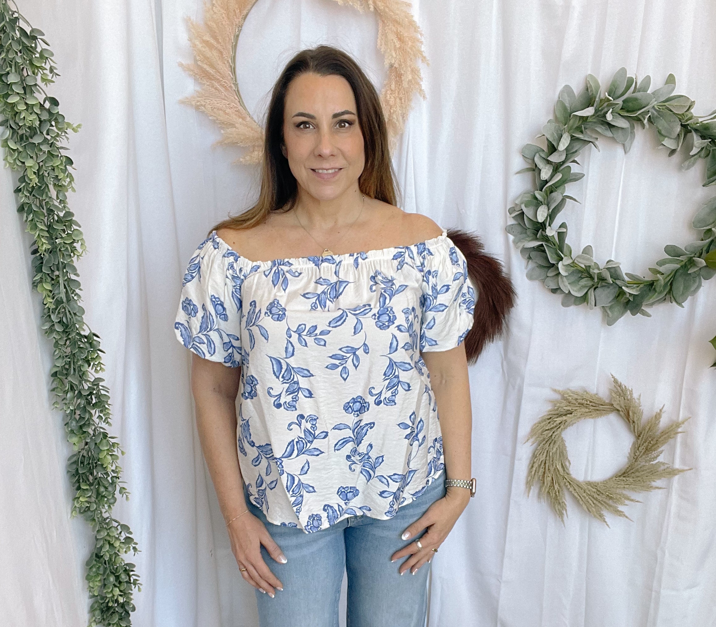 Blue Floral Off the Shoulder Top-Short Sleeve Tops-les amis-The Silo Boutique, Women's Fashion Boutique Located in Warren and Grand Forks North Dakota