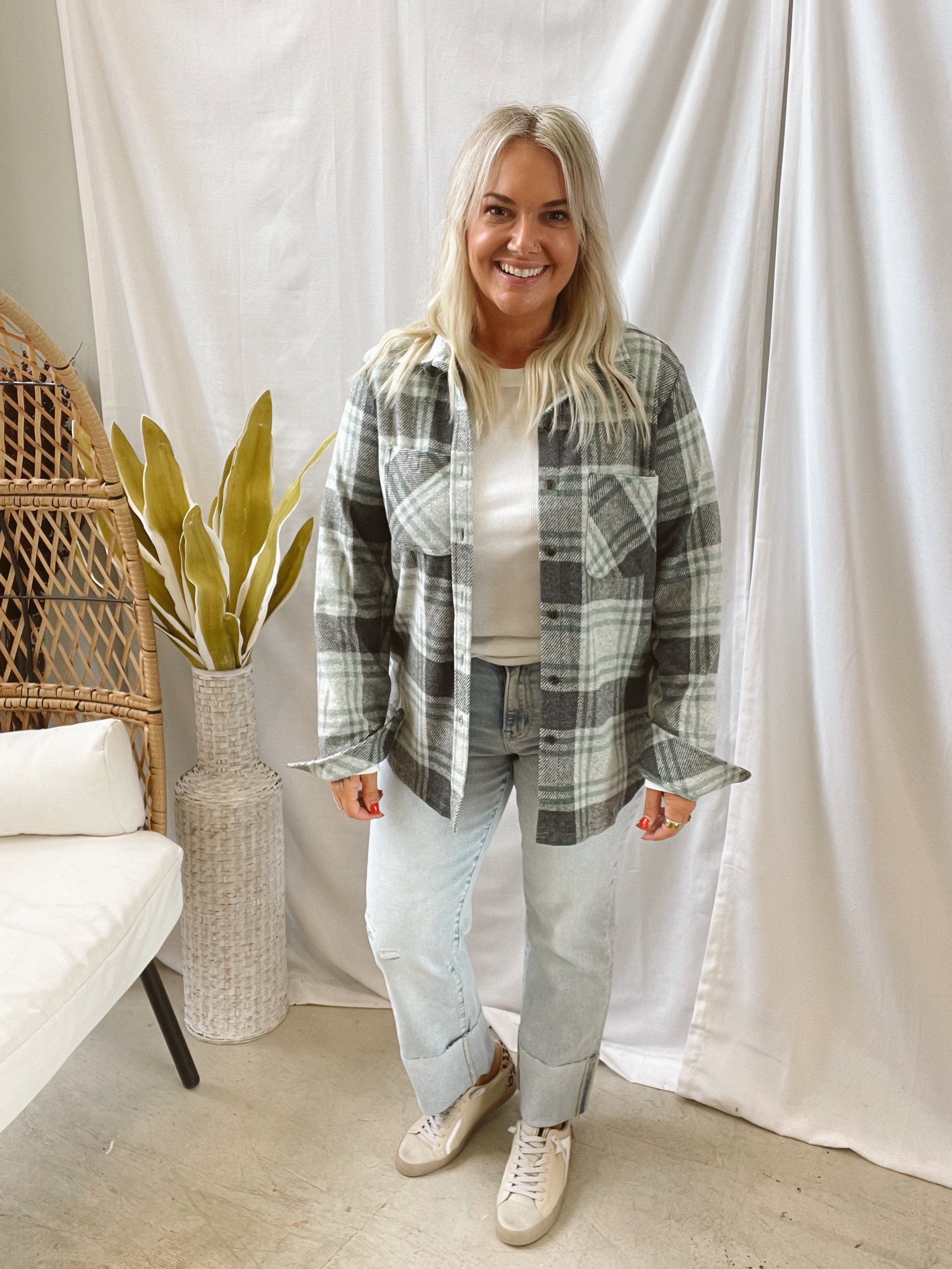 Gray Plaid Button Up Flannel Top-Long Sleeve Tops-panache-The Silo Boutique, Women's Fashion Boutique Located in Warren and Grand Forks North Dakota