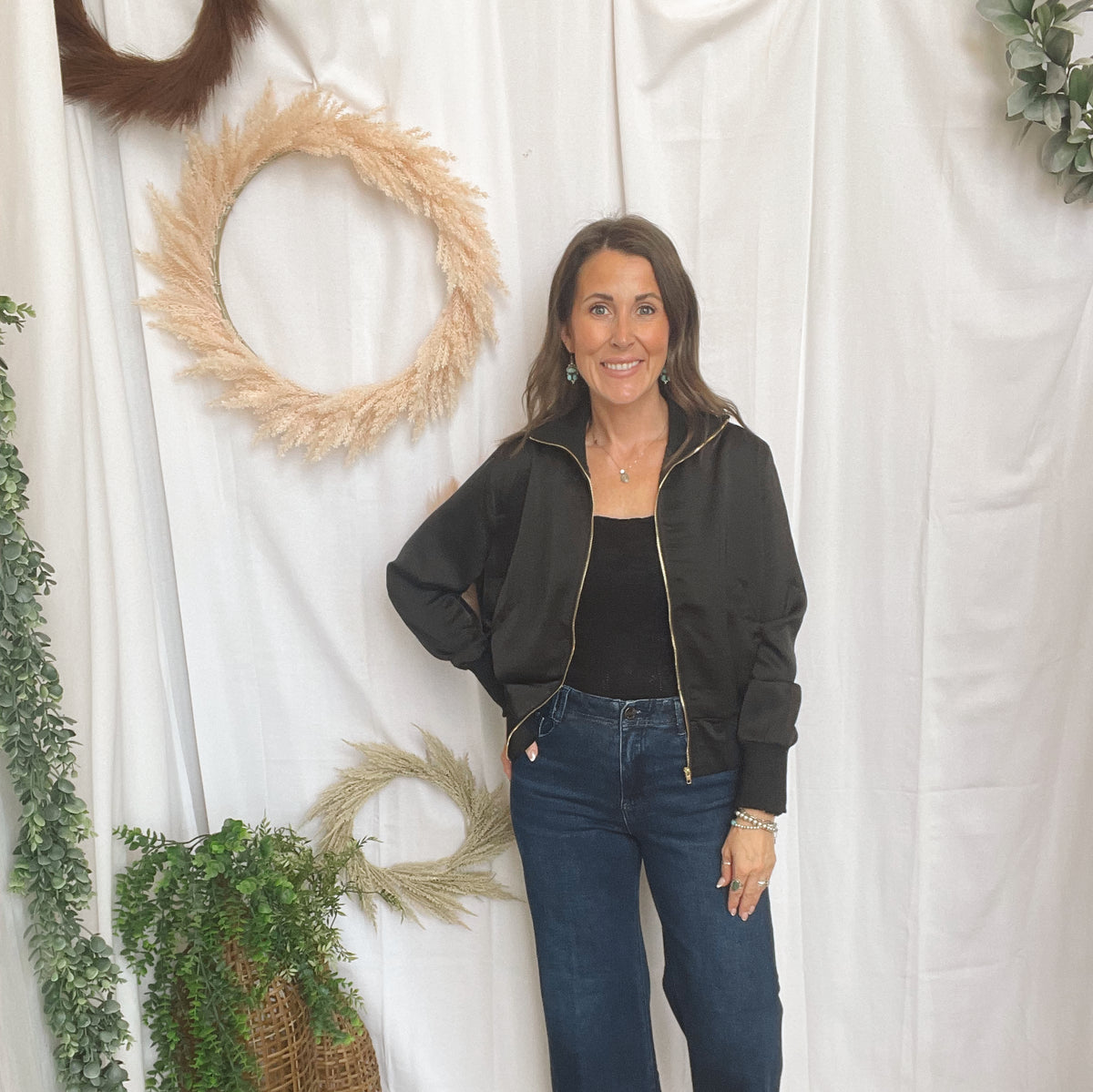 Georgia Black Satin Bomber Jacket-Coats & Jackets-glam-The Silo Boutique, Women's Fashion Boutique Located in Warren and Grand Forks North Dakota
