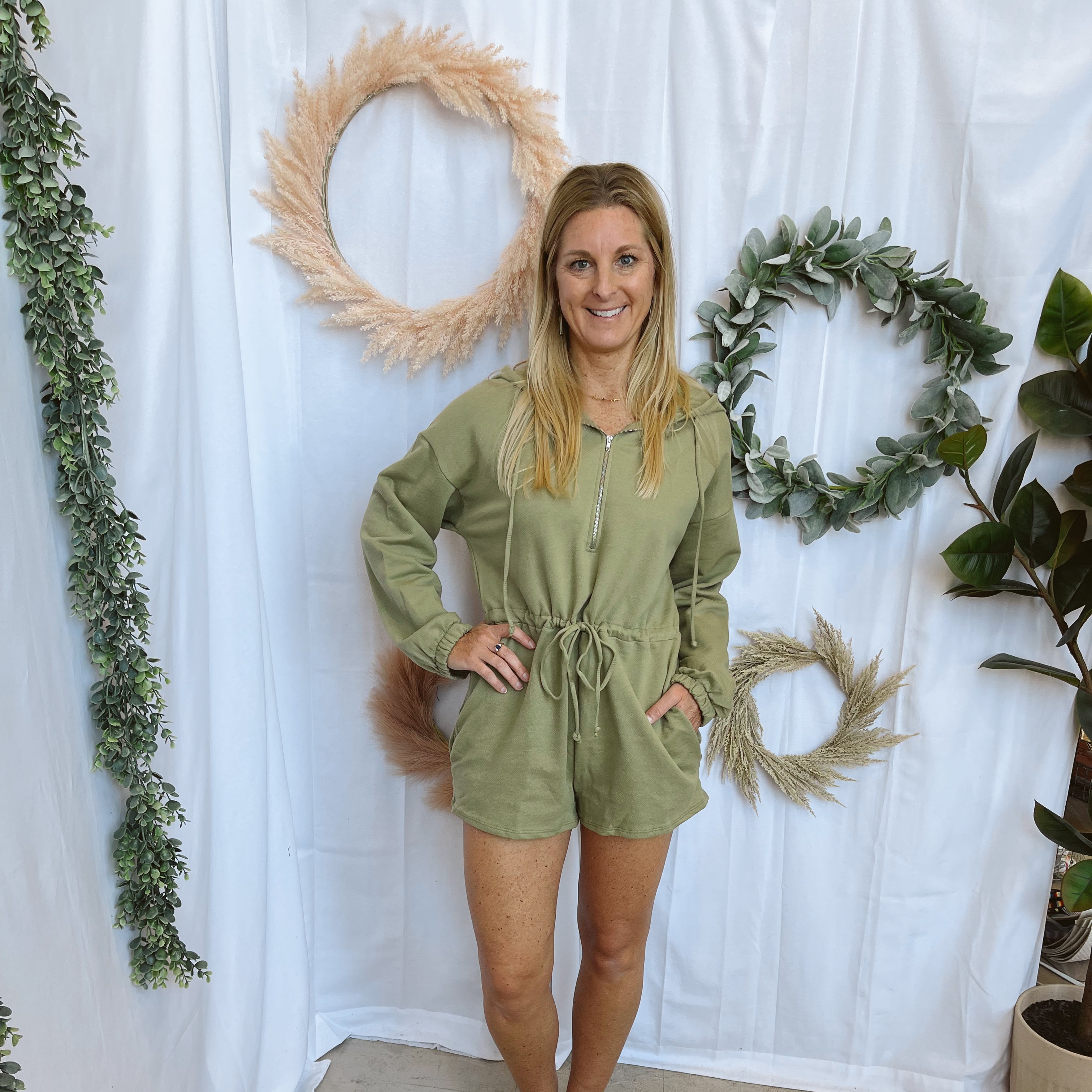 Olive Tie Waist Romper-Jumpsuits & Rompers-bucketlist-The Silo Boutique, Women's Fashion Boutique Located in Warren and Grand Forks North Dakota