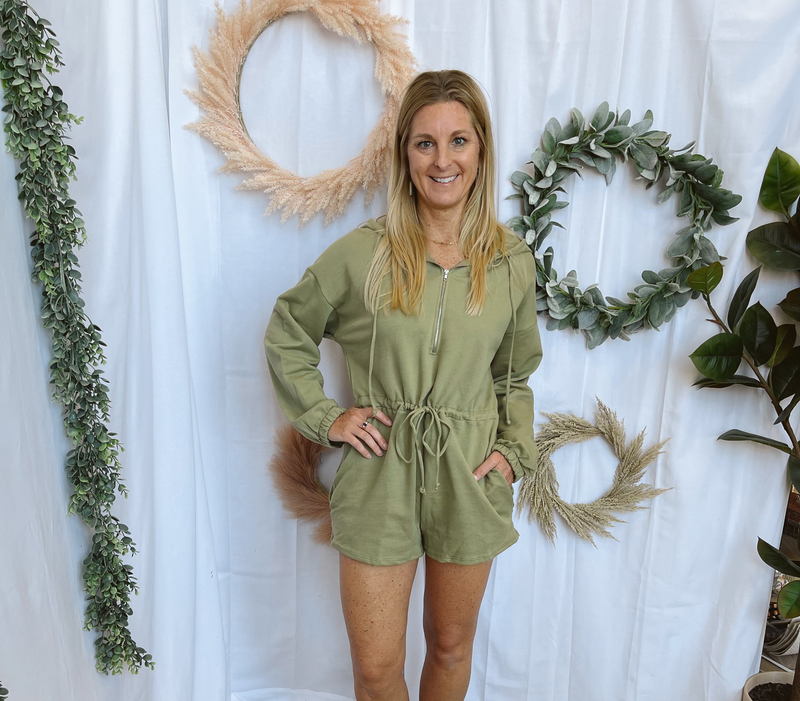 Olive Tie Waist Romper-Jumpsuits & Rompers-bucketlist-The Silo Boutique, Women's Fashion Boutique Located in Warren and Grand Forks North Dakota