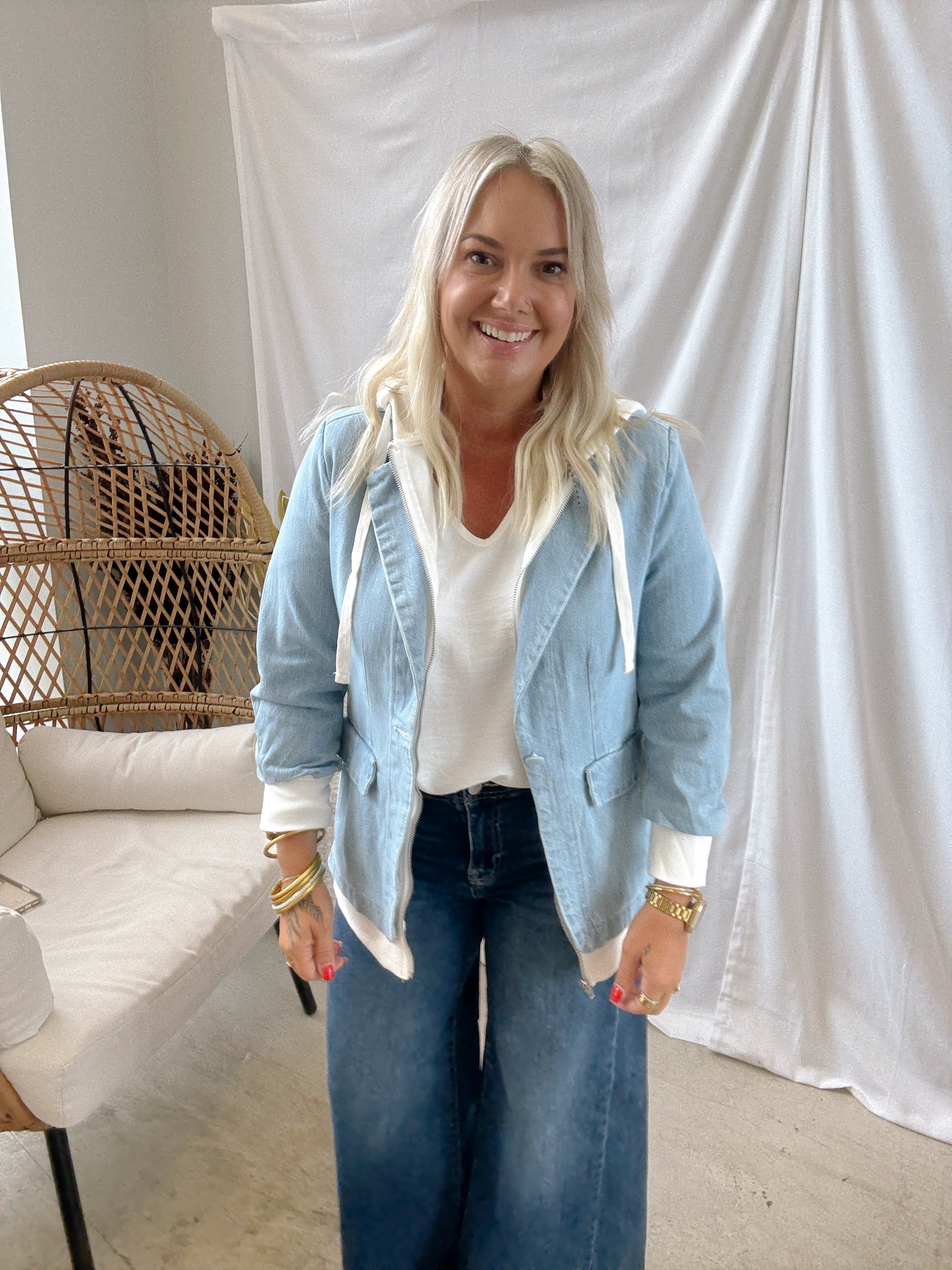Risen Denim with Hoody Blazer-Final Sale-Blazers-risen-The Silo Boutique, Women's Fashion Boutique Located in Warren and Grand Forks North Dakota