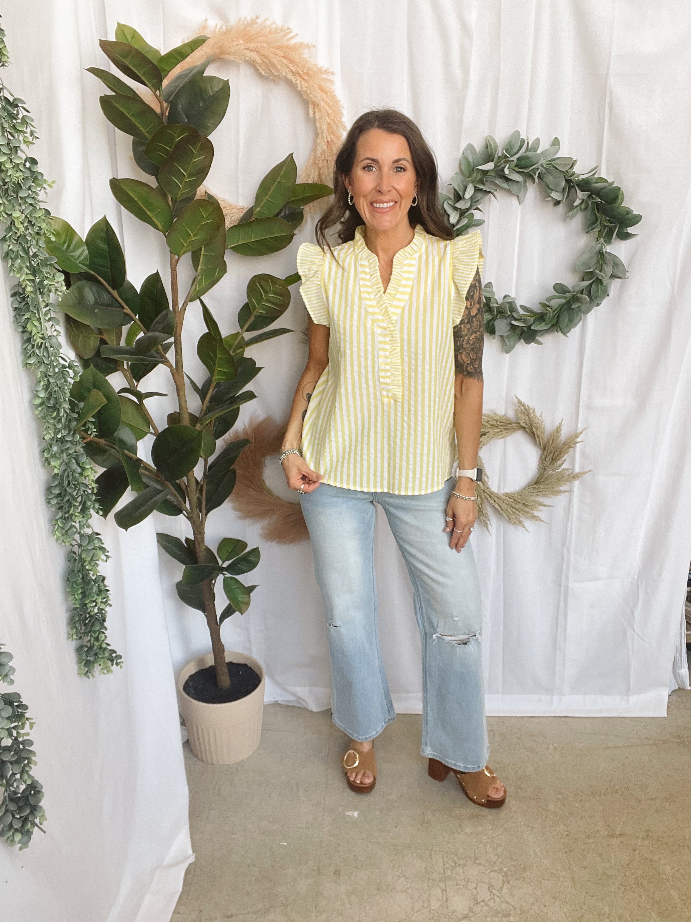 Frilly Yellow Striped Top-Short Sleeve Tops-staccato-The Silo Boutique, Women's Fashion Boutique Located in Warren and Grand Forks North Dakota