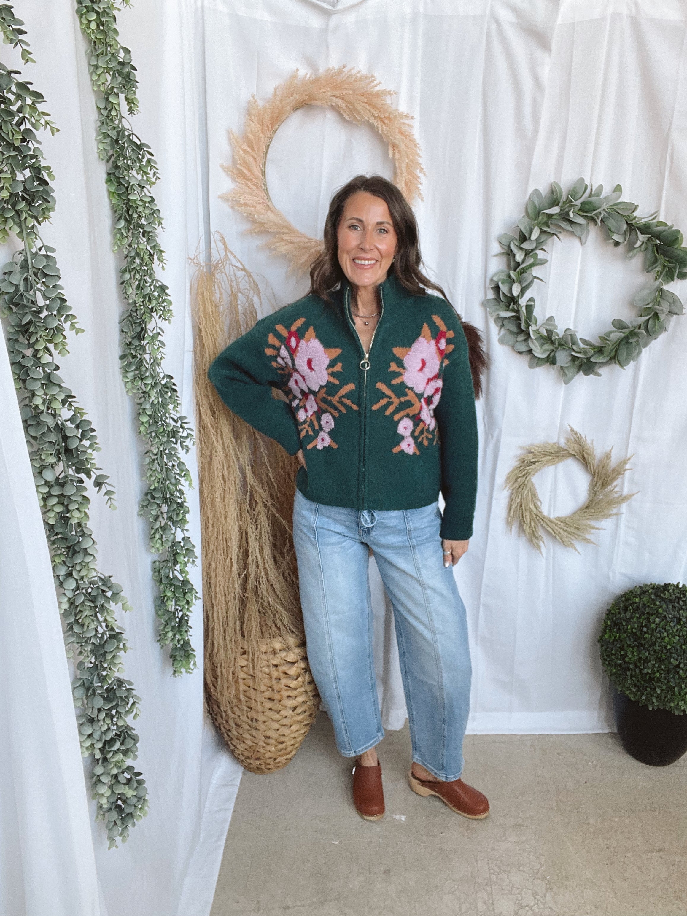 Teal Floral Zip Sweater-Sweaters-&merci-The Silo Boutique, Women's Fashion Boutique Located in Warren and Grand Forks North Dakota