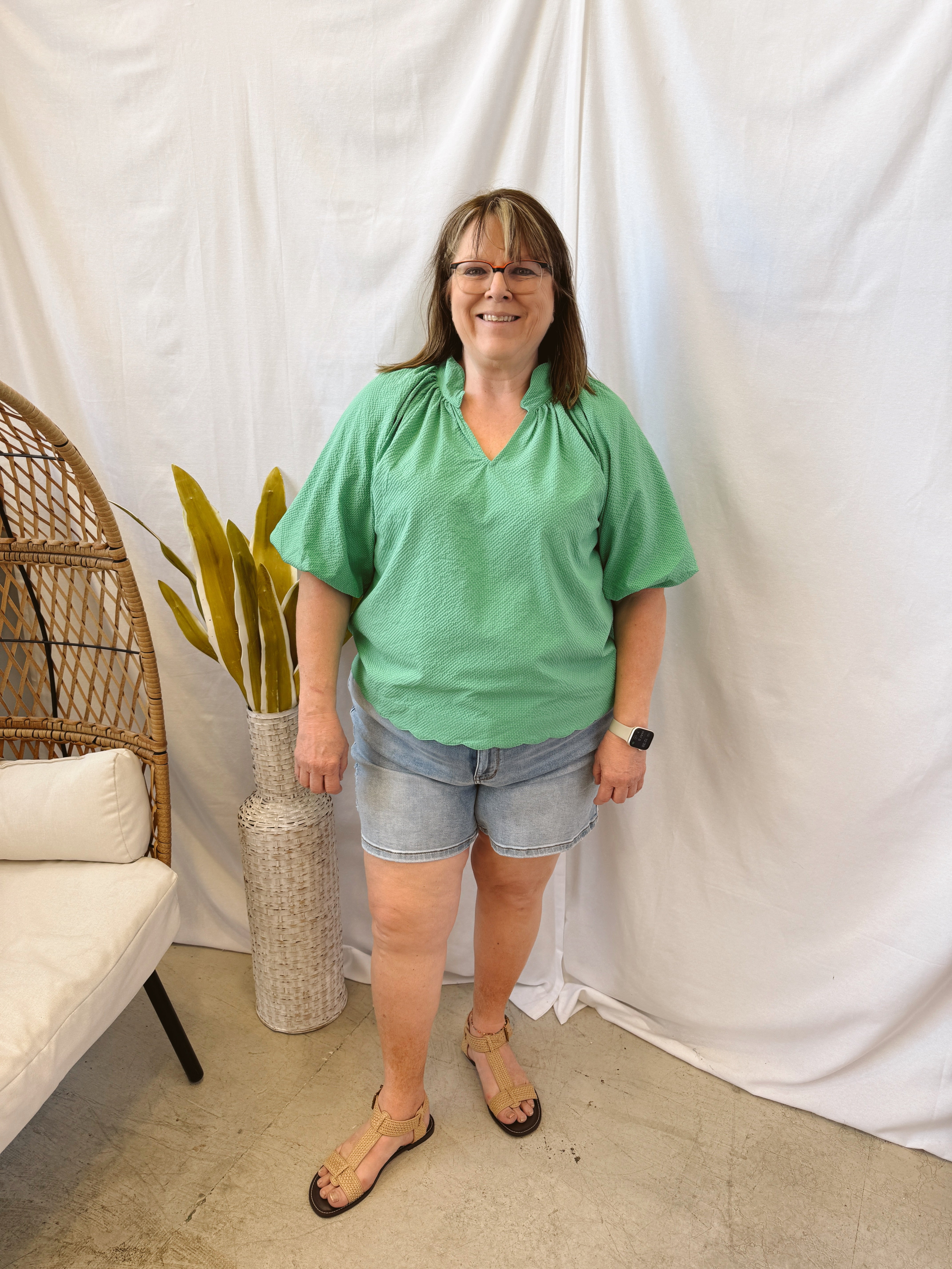 Bubble Sleeved Seersucker Top-Green-Final Sale-Short Sleeve Tops-Umgee-The Silo Boutique, Women's Fashion Boutique Located in Warren and Grand Forks North Dakota