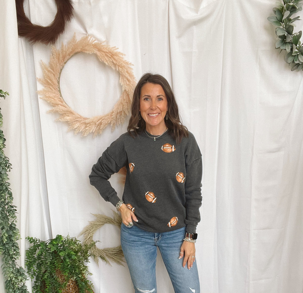 Hrt & Luv Football Sweatshirt-Ash Black-Sweatshirts-fair-The Silo Boutique, Women's Fashion Boutique Located in Warren and Grand Forks North Dakota