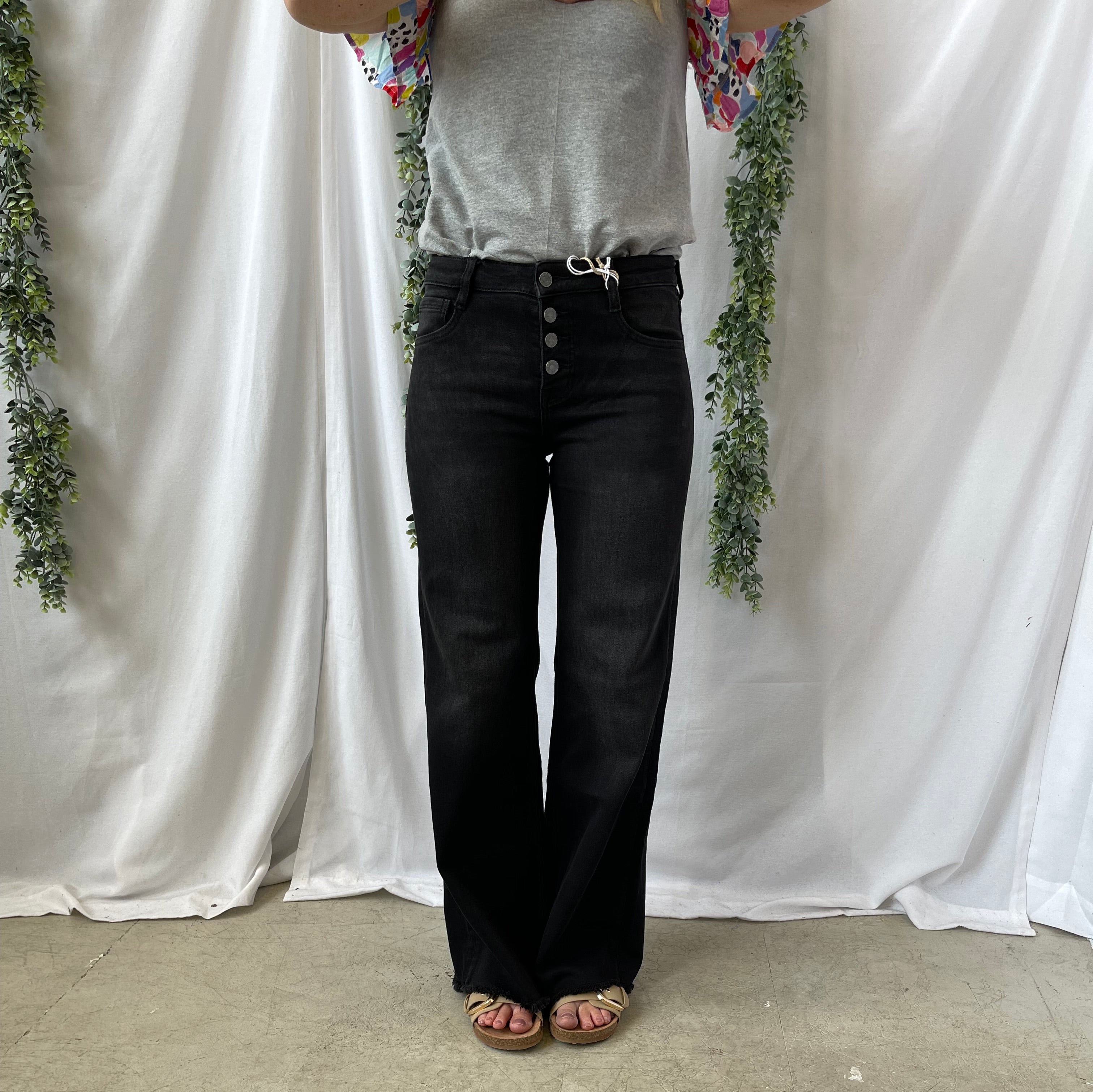 Bayeas Black Wide Leg Frayed Hem Jeans-Jeans-bayeas-The Silo Boutique, Women's Fashion Boutique Located in Warren and Grand Forks North Dakota