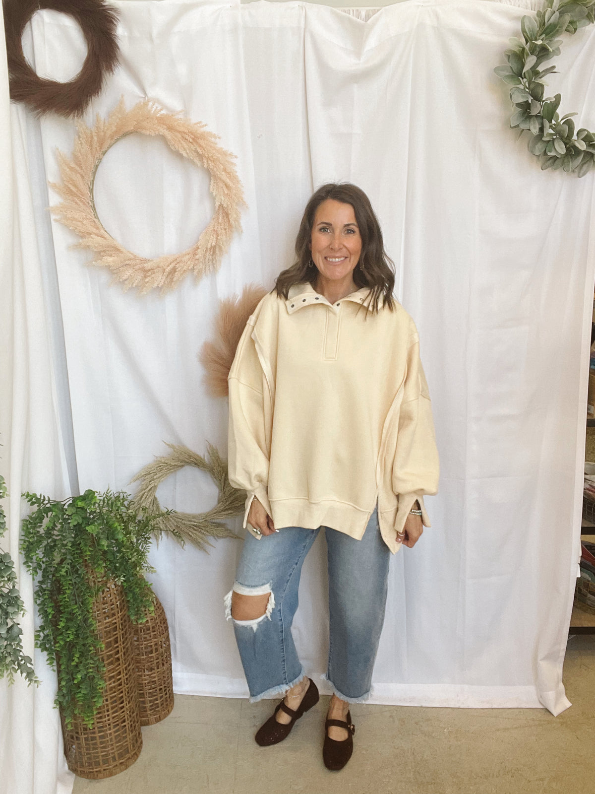 Sophie Snap Collar Sweatshirt-Cream-Sweatshirts-hyfve-The Silo Boutique, Women's Fashion Boutique Located in Warren and Grand Forks North Dakota