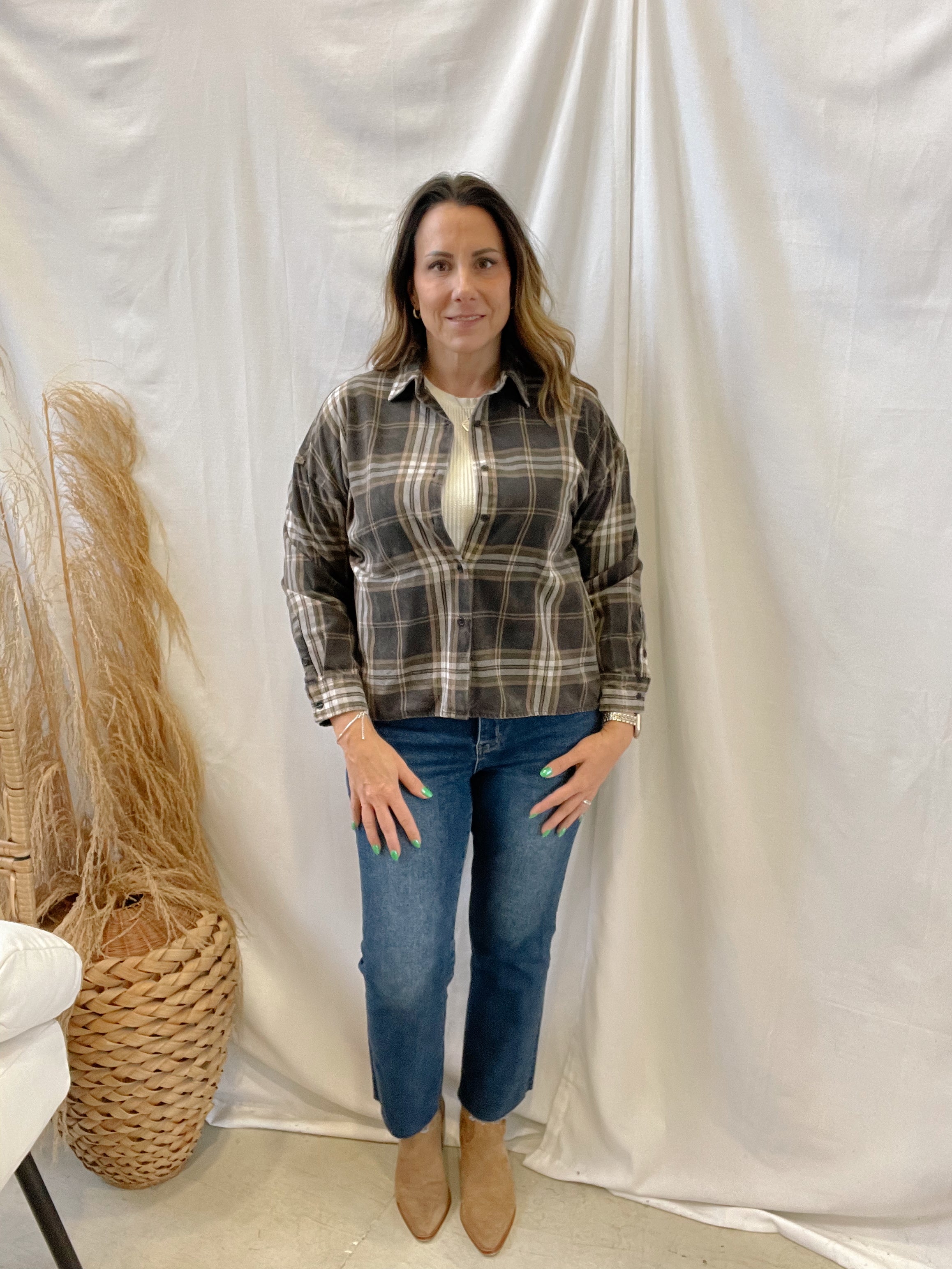Black Mix Plaid Boxy Flannel Top-Final Sale-Long Sleeve Tops-blu pepper-The Silo Boutique, Women's Fashion Boutique Located in Warren and Grand Forks North Dakota