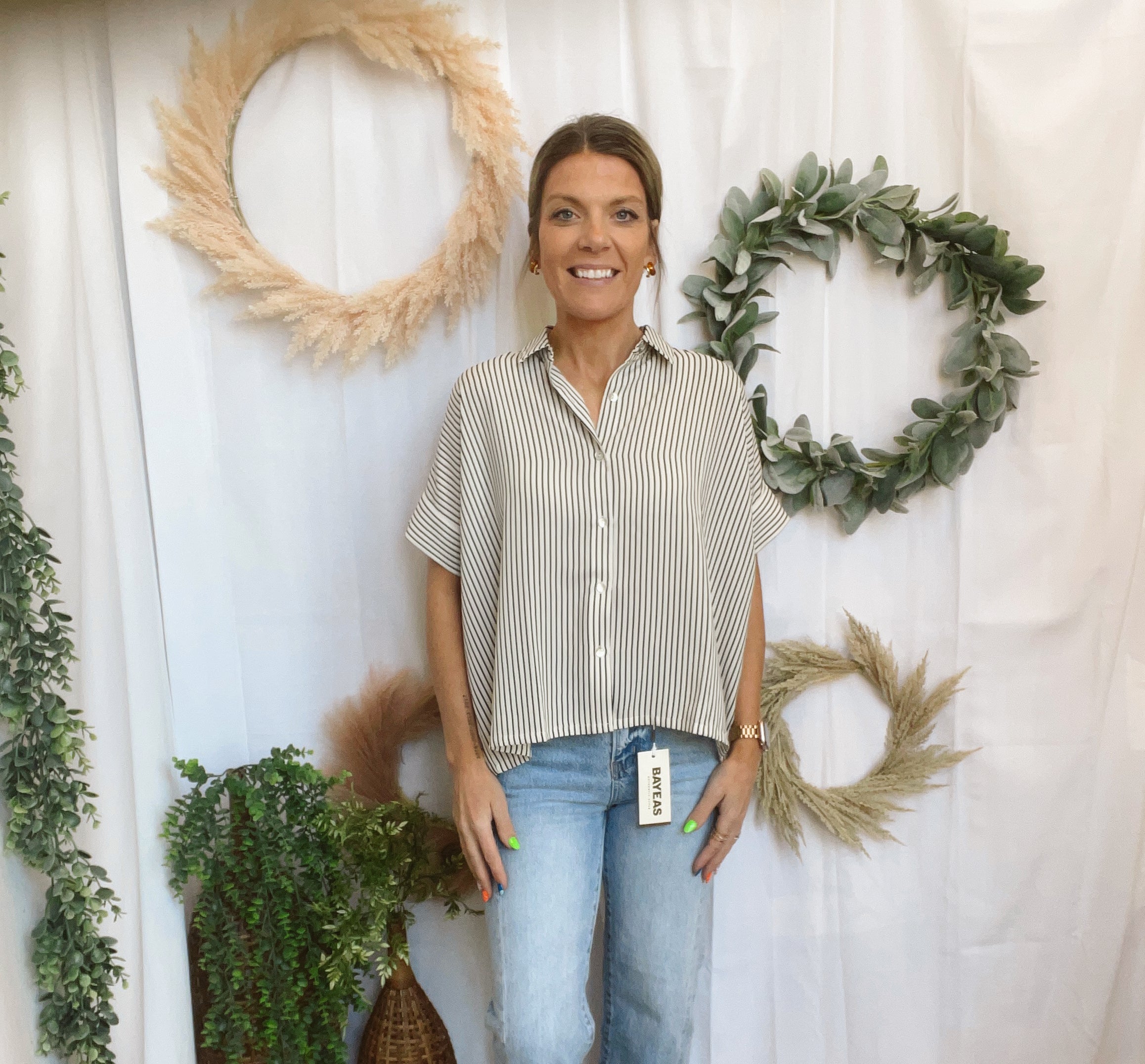 Steph Striped Button Down Top-Short Sleeve Tops-fun2fun-The Silo Boutique, Women's Fashion Boutique Located in Warren and Grand Forks North Dakota