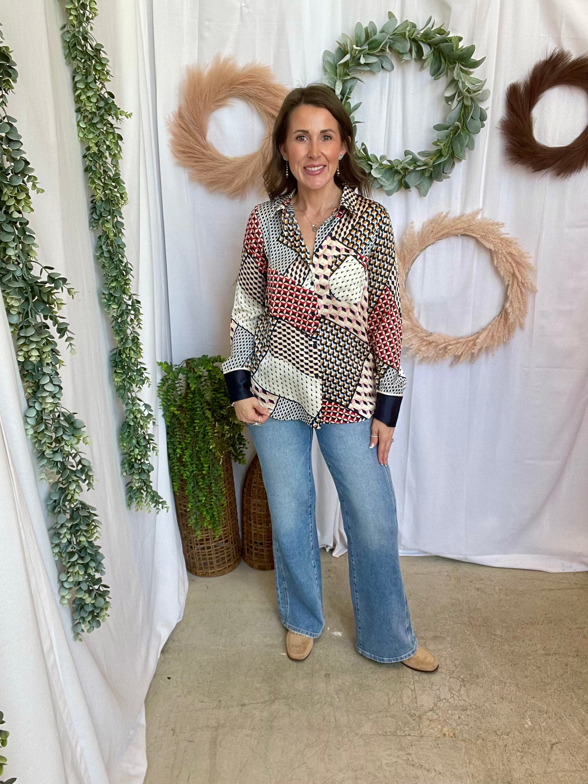 Skies Geo Patchwork Blouse-Long Sleeve Tops-skies are blue-The Silo Boutique, Women's Fashion Boutique Located in Warren and Grand Forks North Dakota