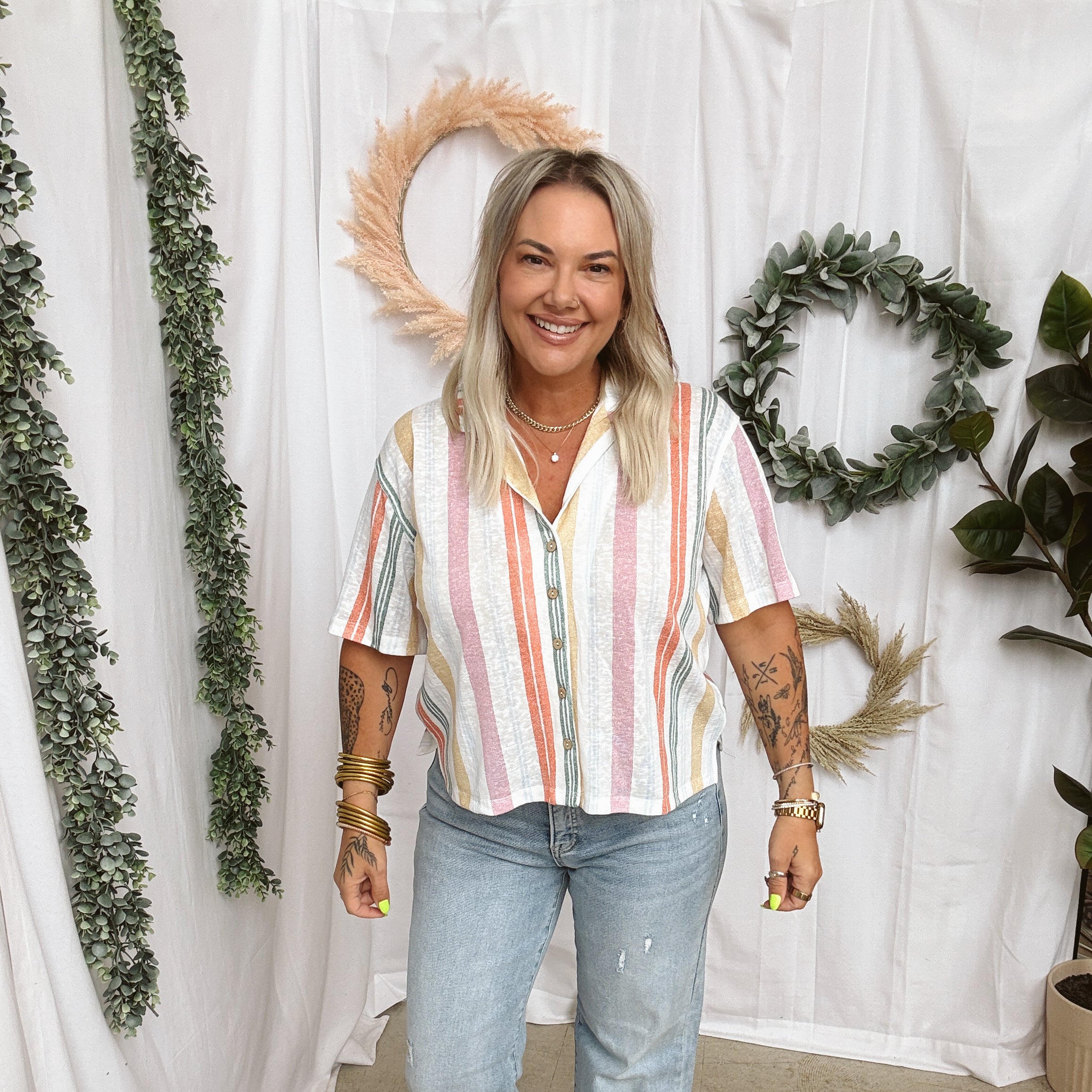 Multi Color Button Up Top-Short Sleeve Tops-hem and thread-The Silo Boutique, Women's Fashion Boutique Located in Warren and Grand Forks North Dakota