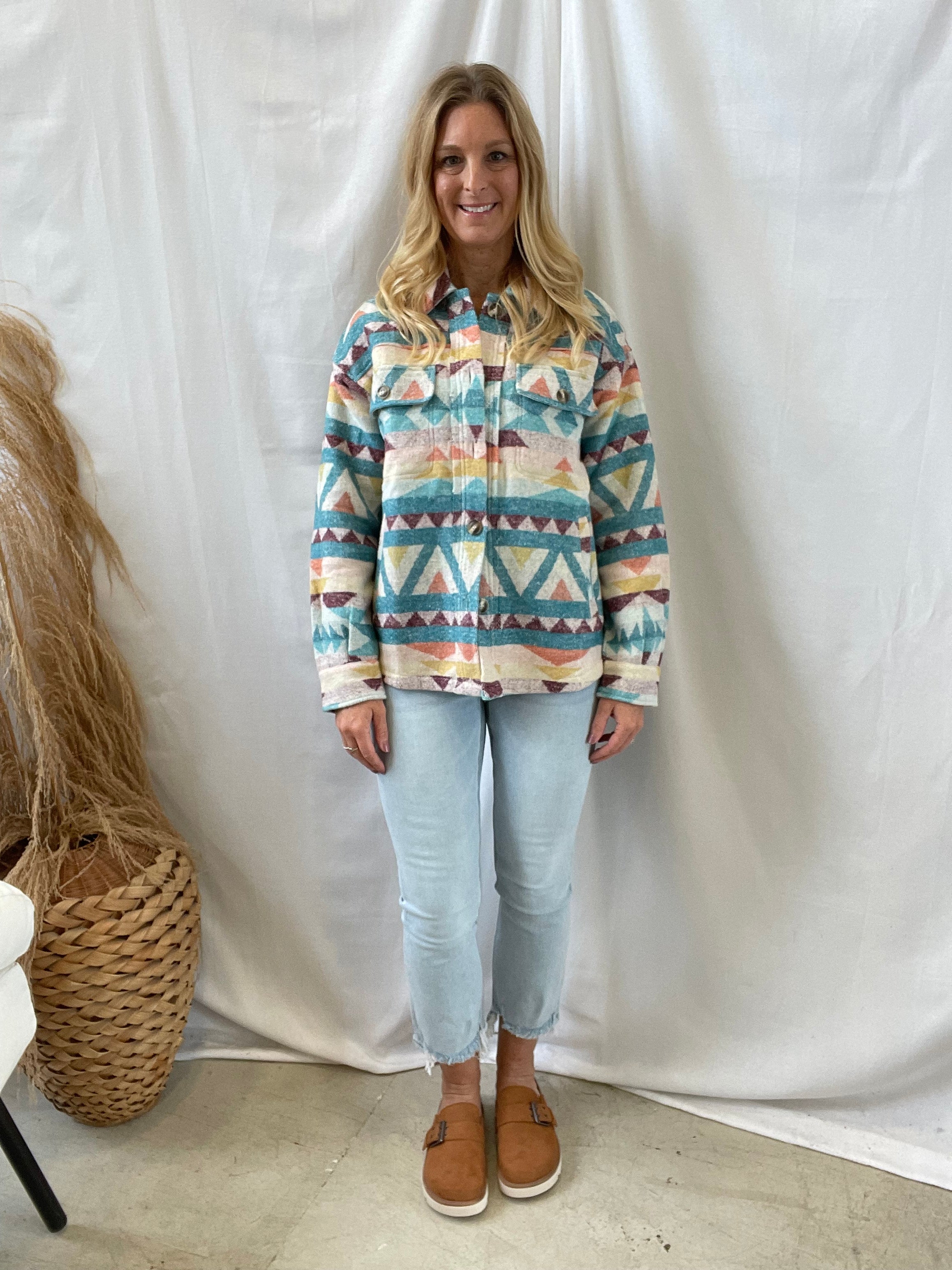 Emerald Mix Aztec Shacket-Final Sale-Shackets-mystree-The Silo Boutique, Women's Fashion Boutique Located in Warren and Grand Forks North Dakota