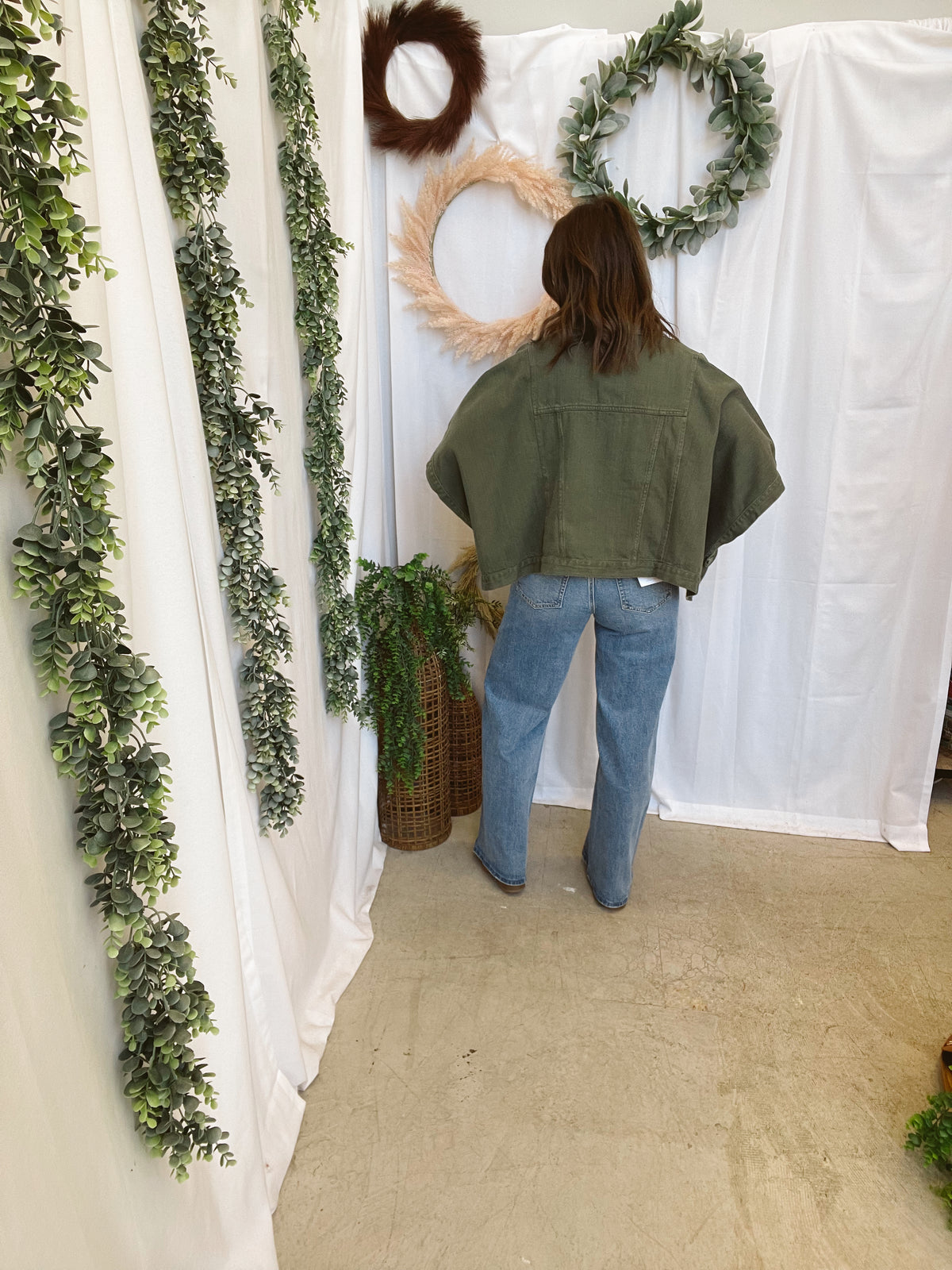 Leslie Denim Cape Jacket-Olive-Coats & Jackets-entro-The Silo Boutique, Women's Fashion Boutique Located in Warren and Grand Forks North Dakota