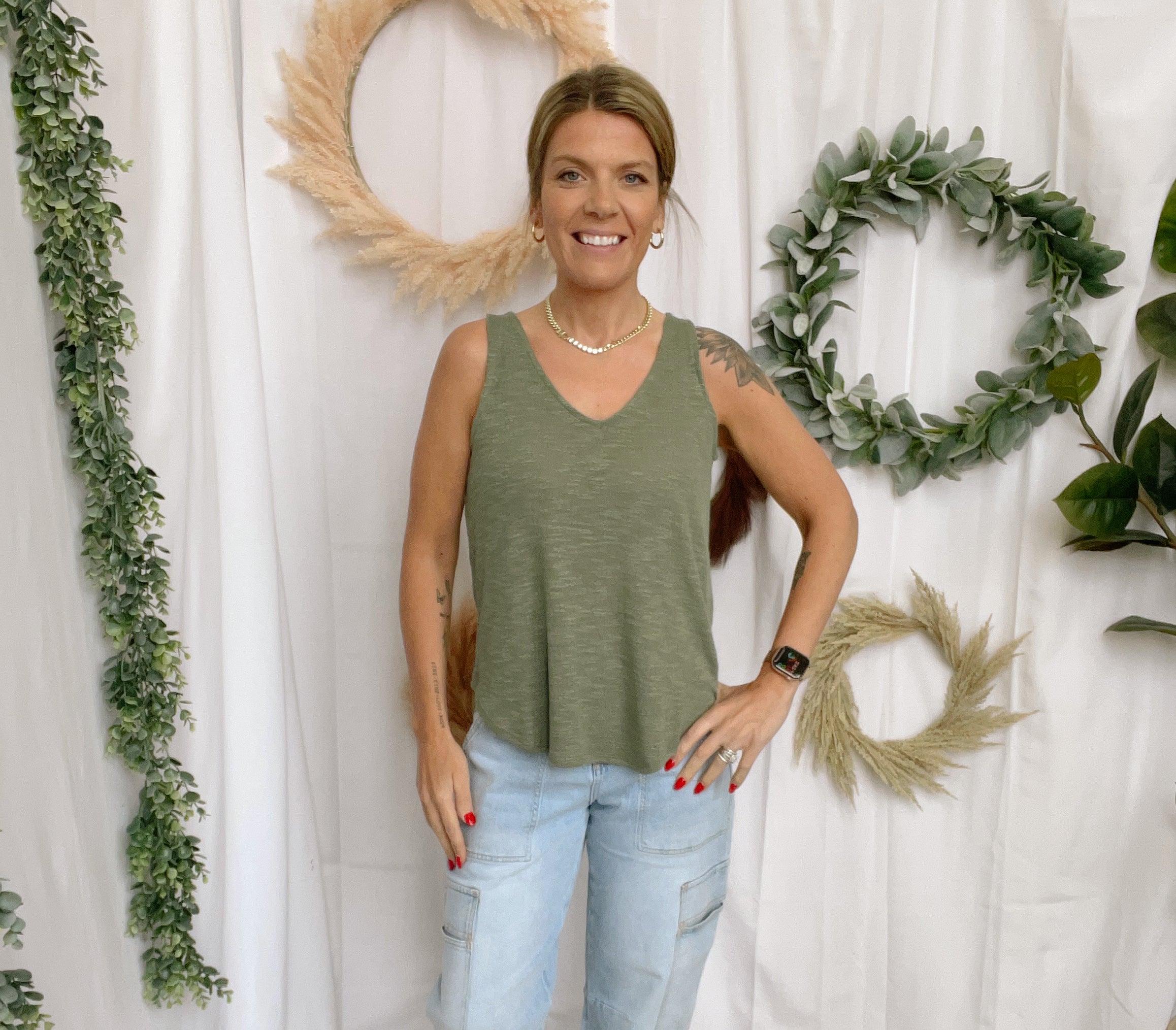 Mel V Neck Slub Tank Top-Olive-Tank Tops-Zenana-The Silo Boutique, Women's Fashion Boutique Located in Warren and Grand Forks North Dakota