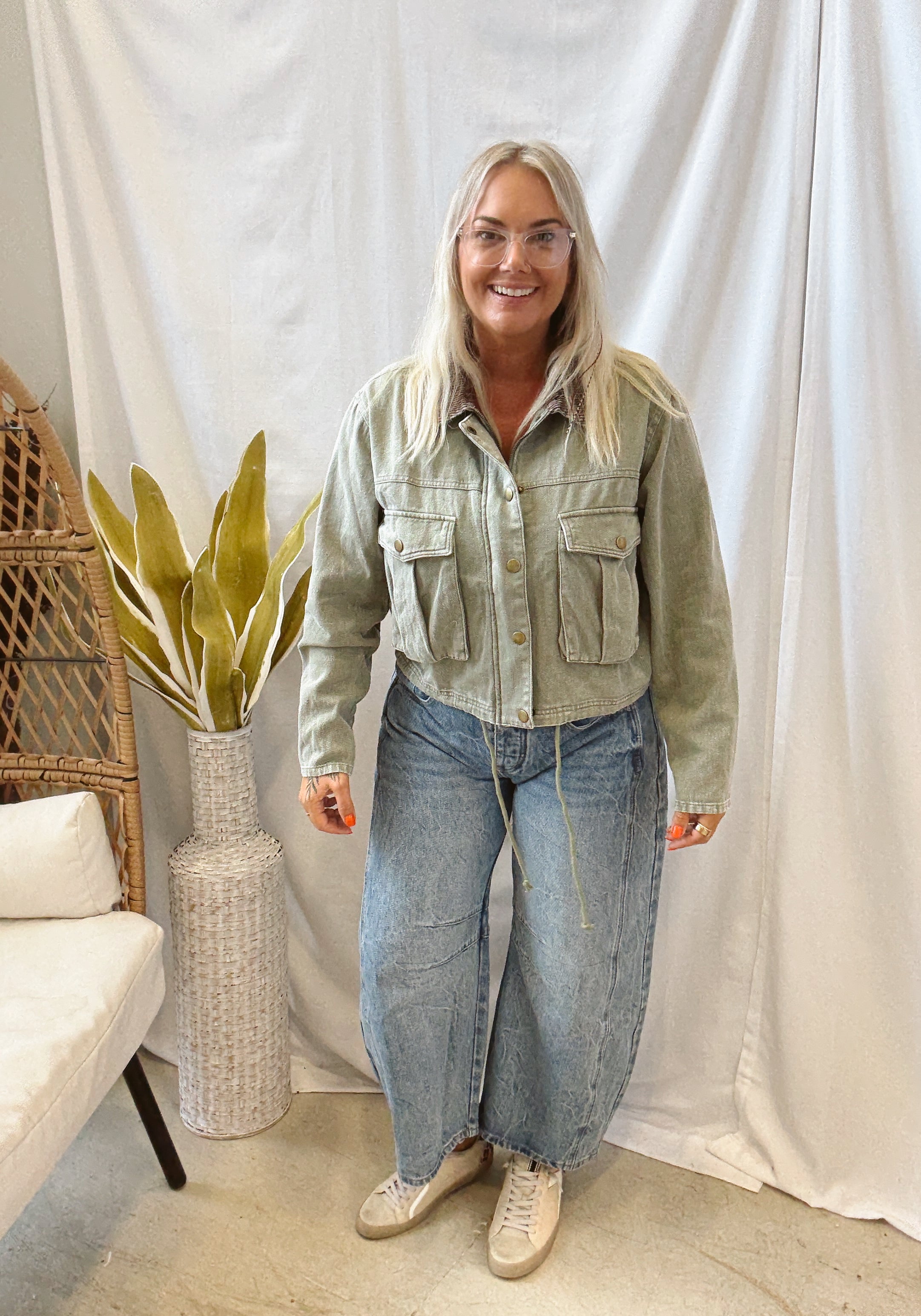 Corduroy Collar Twill Jacket-Olive-Coats & Jackets-hem and thread-The Silo Boutique, Women's Fashion Boutique Located in Warren and Grand Forks North Dakota