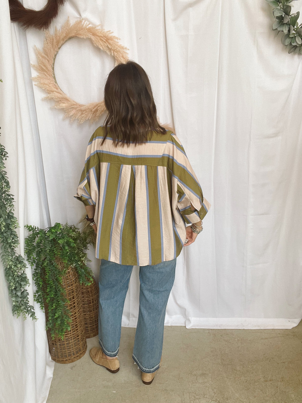 Ella Striped Top-Olive Blue-Short Sleeve Tops-ENTRO-The Silo Boutique, Women's Fashion Boutique Located in Warren and Grand Forks North Dakota