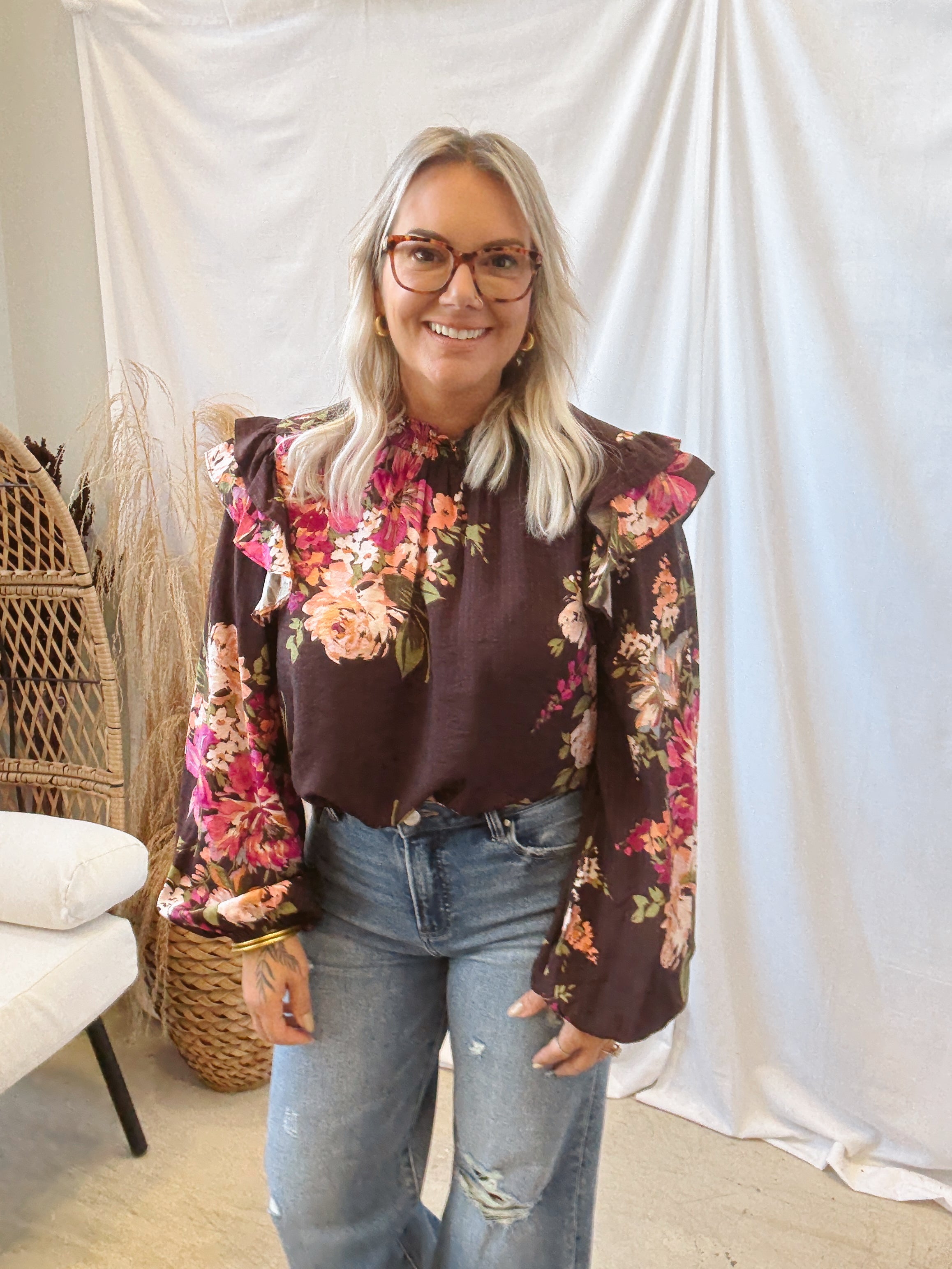 Deep Floral Printed Ruffle Trim Top-Long Sleeve Tops-oddi-The Silo Boutique, Women's Fashion Boutique Located in Warren and Grand Forks North Dakota