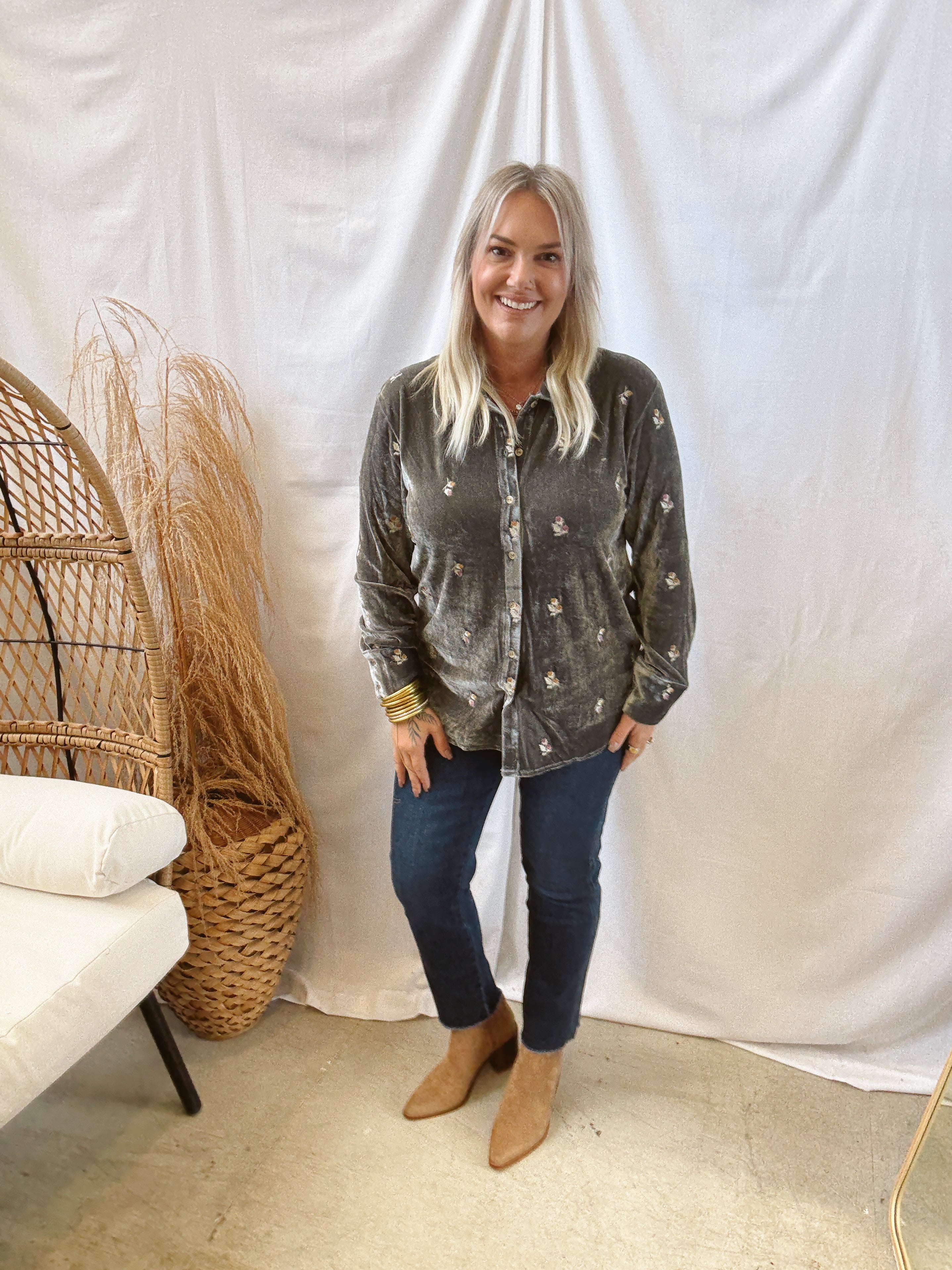 Olive Embroidery Button Down Top-Final Sale-Long Sleeve Tops-mystree-The Silo Boutique, Women's Fashion Boutique Located in Warren and Grand Forks North Dakota