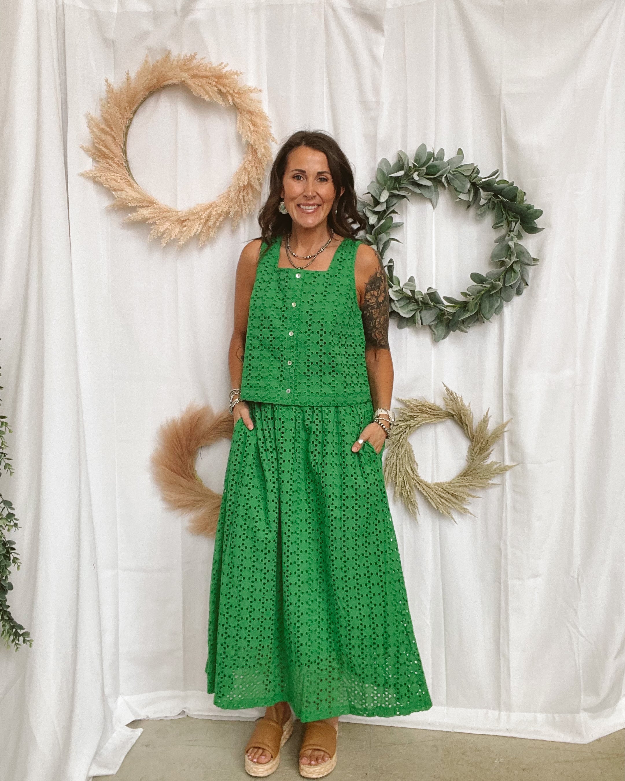 Eyelet Button Tank Top-Green-Tank Tops-entro-The Silo Boutique, Women's Fashion Boutique Located in Warren and Grand Forks North Dakota