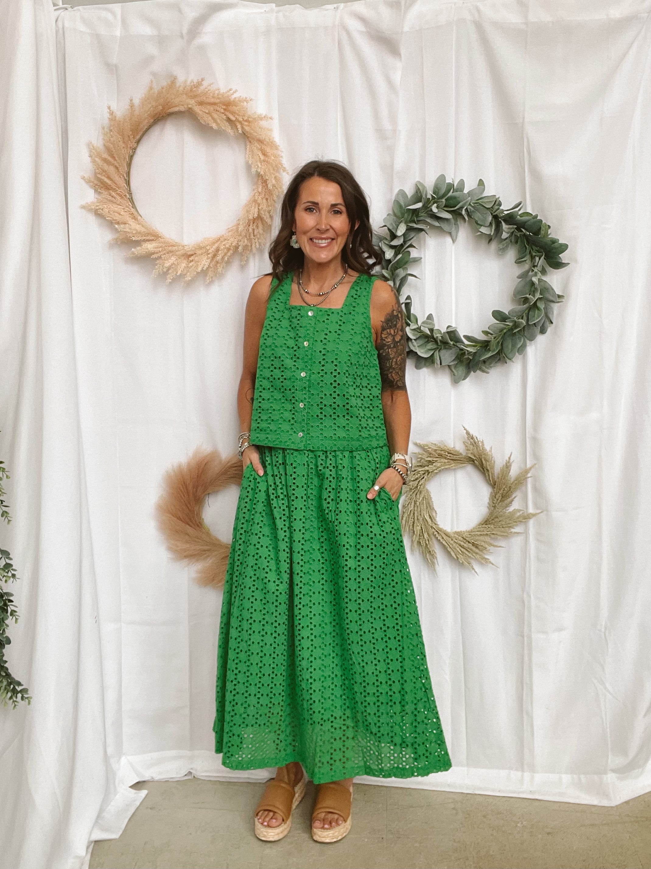 Eyelet Skirt-Green-Skirts-entro-The Silo Boutique, Women's Fashion Boutique Located in Warren and Grand Forks North Dakota
