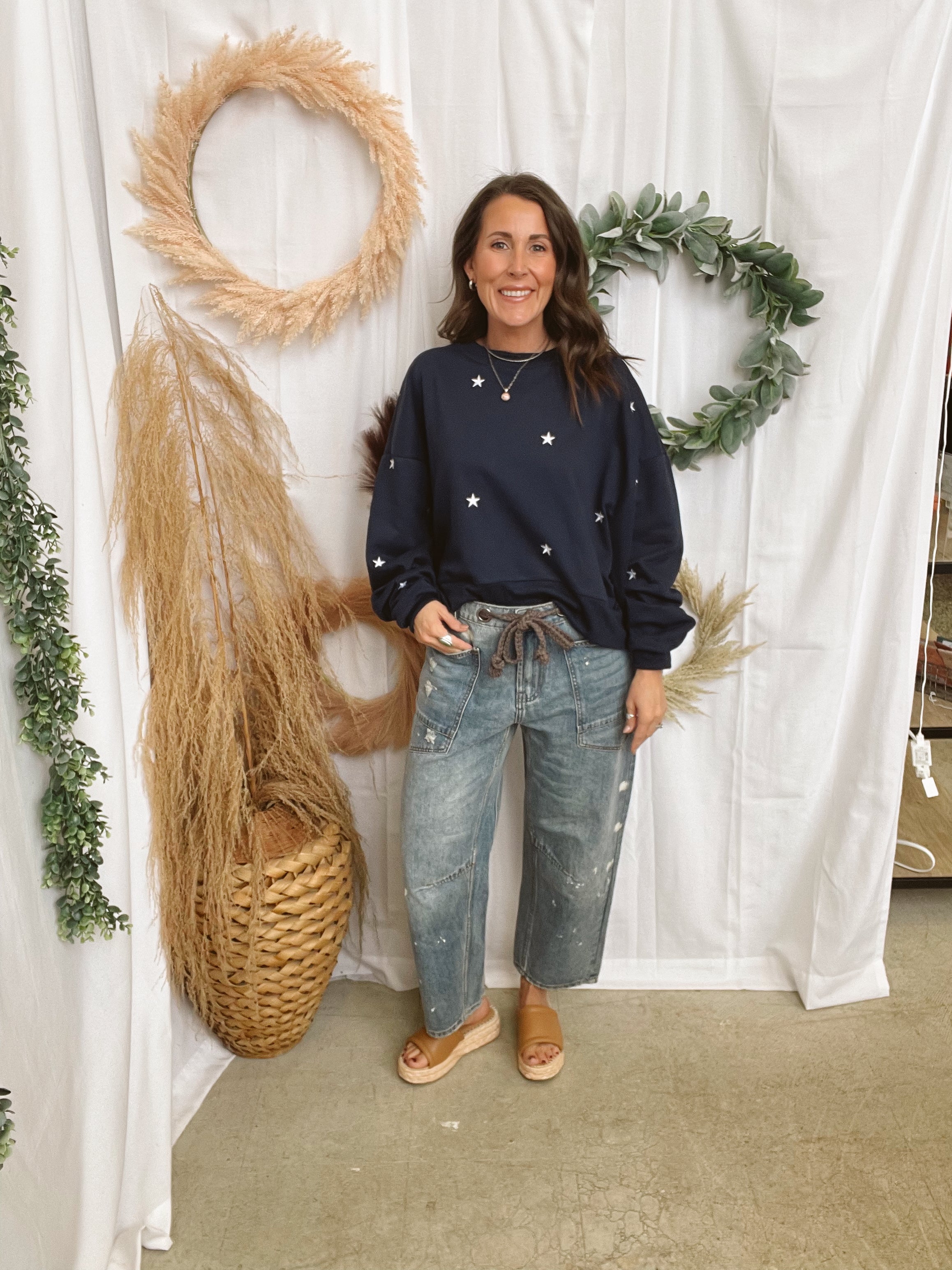 Navy Star Crew Neck Sweatshirt-Sweatshirts-tcec-The Silo Boutique, Women's Fashion Boutique Located in Warren and Grand Forks North Dakota