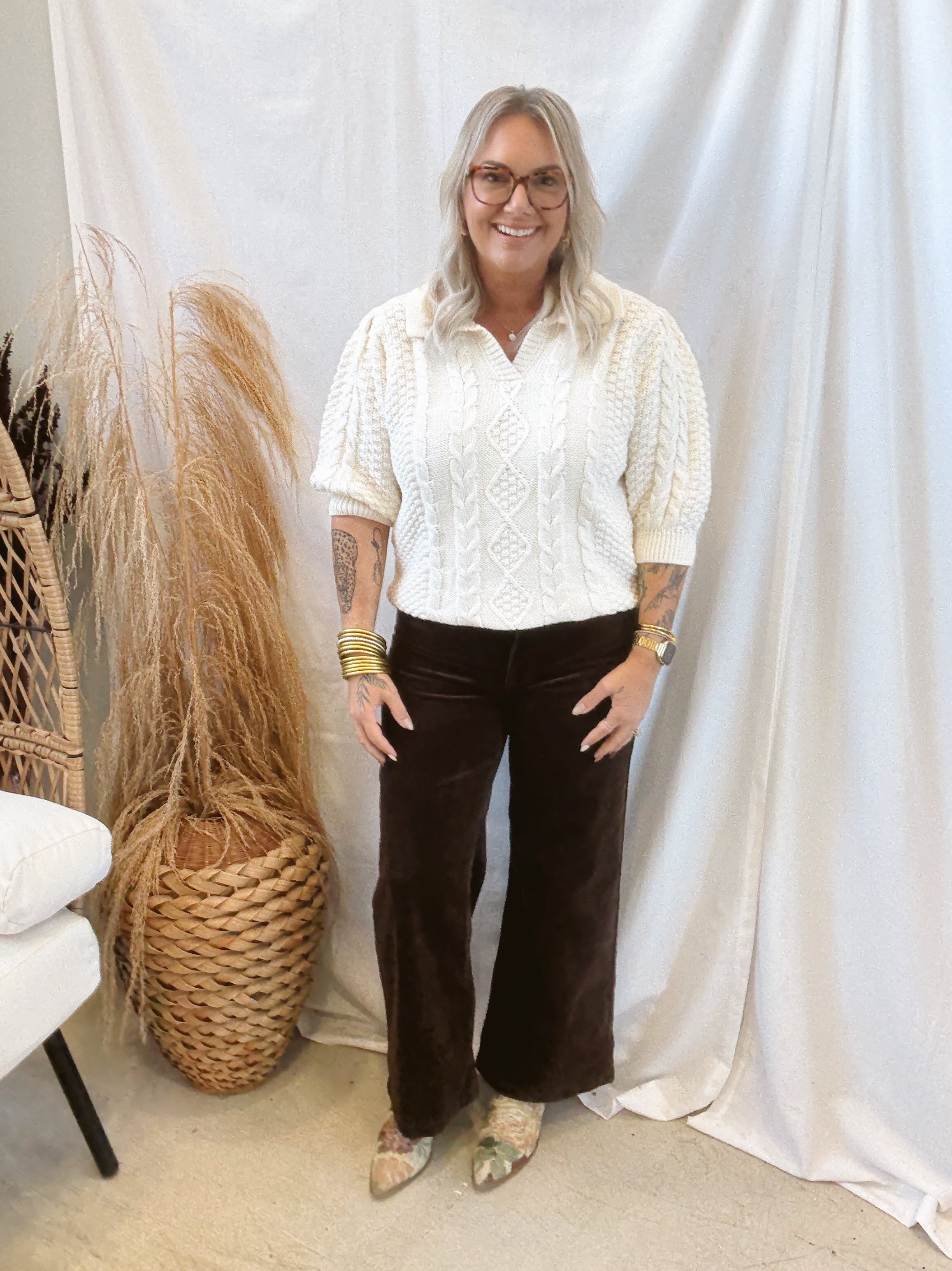 Cable Collared V Neck Sweater-Ivory-Final Sale-Sweaters-oddi-The Silo Boutique, Women's Fashion Boutique Located in Warren and Grand Forks North Dakota