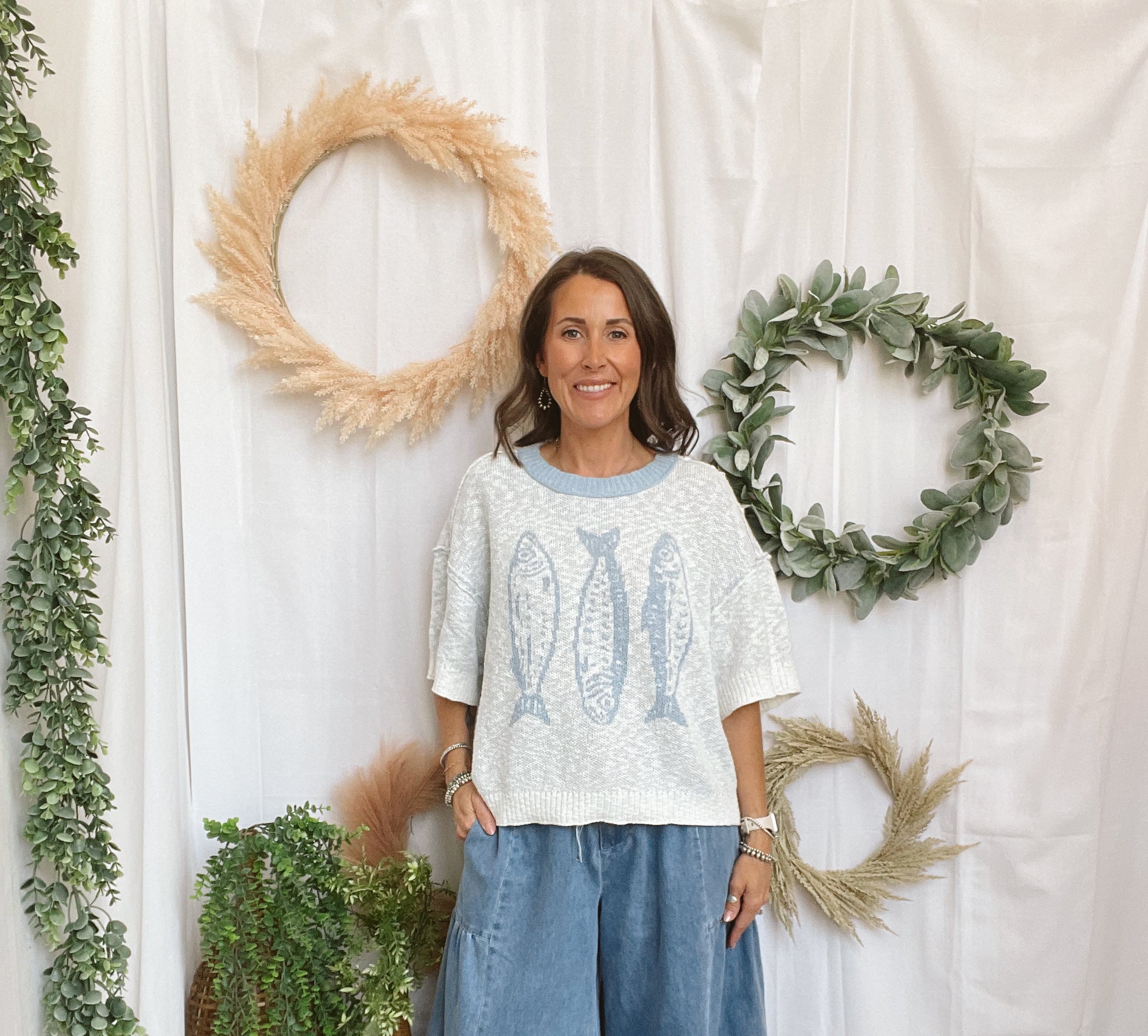 Three Fishes Knit Short Sleeve Top-Short Sleeve Tops-promesa-The Silo Boutique, Women's Fashion Boutique Located in Warren and Grand Forks North Dakota