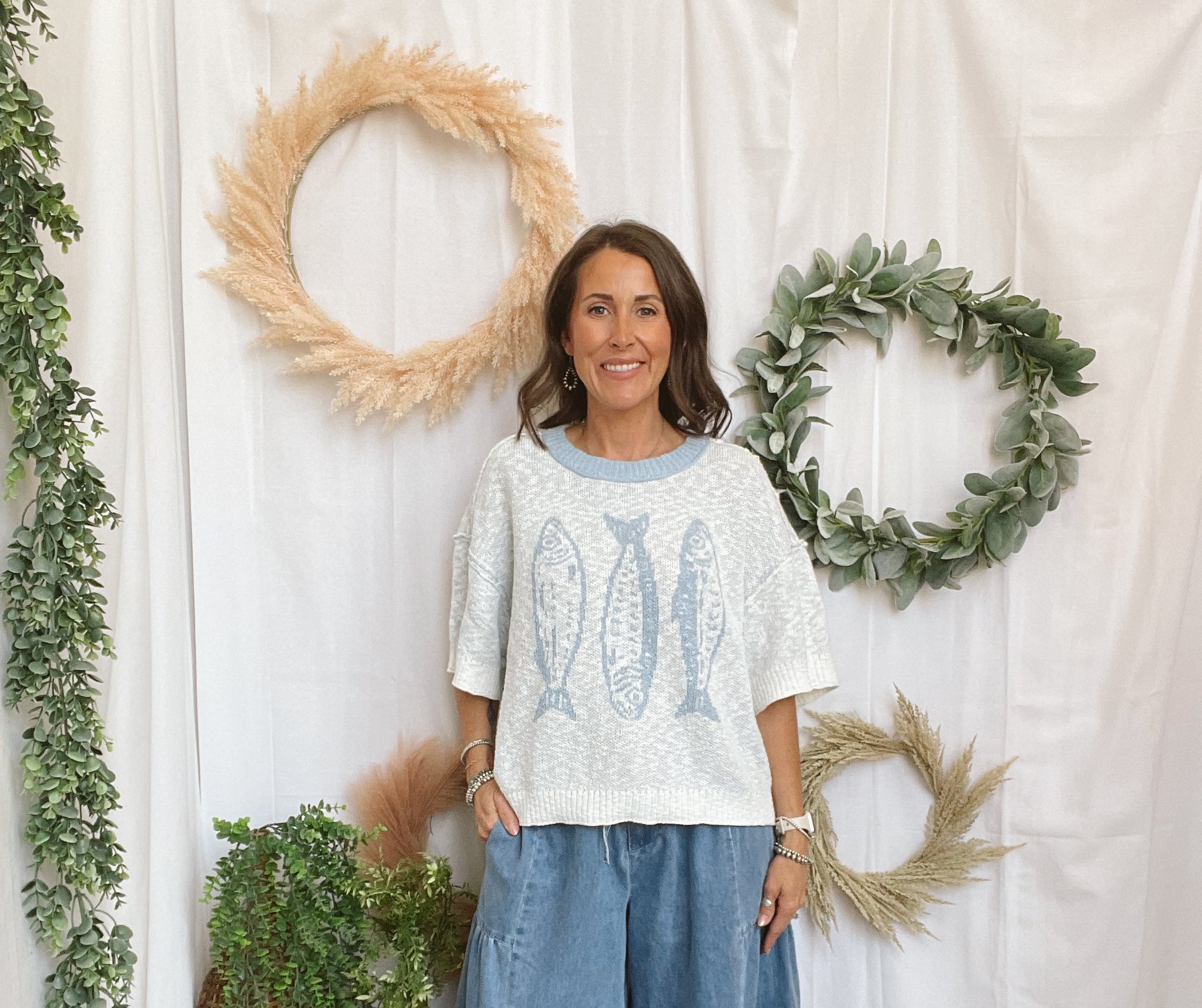 Three Fishes Knit Short Sleeve Top-Short Sleeve Tops-promesa-The Silo Boutique, Women's Fashion Boutique Located in Warren and Grand Forks North Dakota