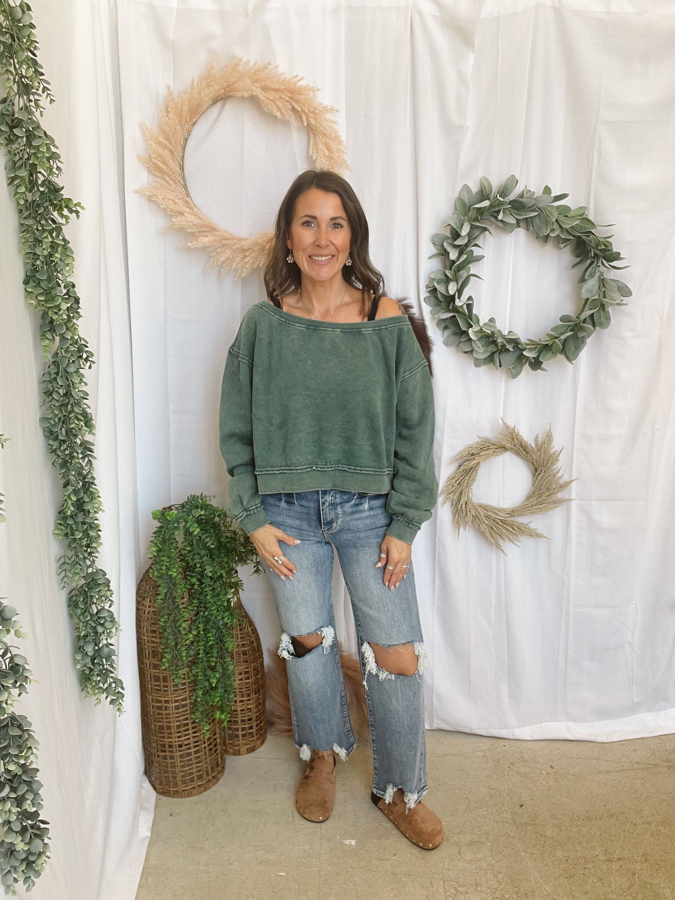 Raw Edge Off The Shoulder Sweatshirt-Teal-Sweatshirts-hyfve-The Silo Boutique, Women's Fashion Boutique Located in Warren and Grand Forks North Dakota