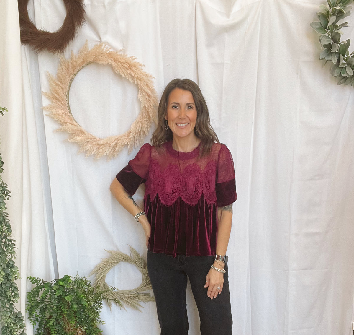 Velvet Scallop Top-Burgundy-Short Sleeve Tops-hem and thread-The Silo Boutique, Women's Fashion Boutique Located in Warren and Grand Forks North Dakota
