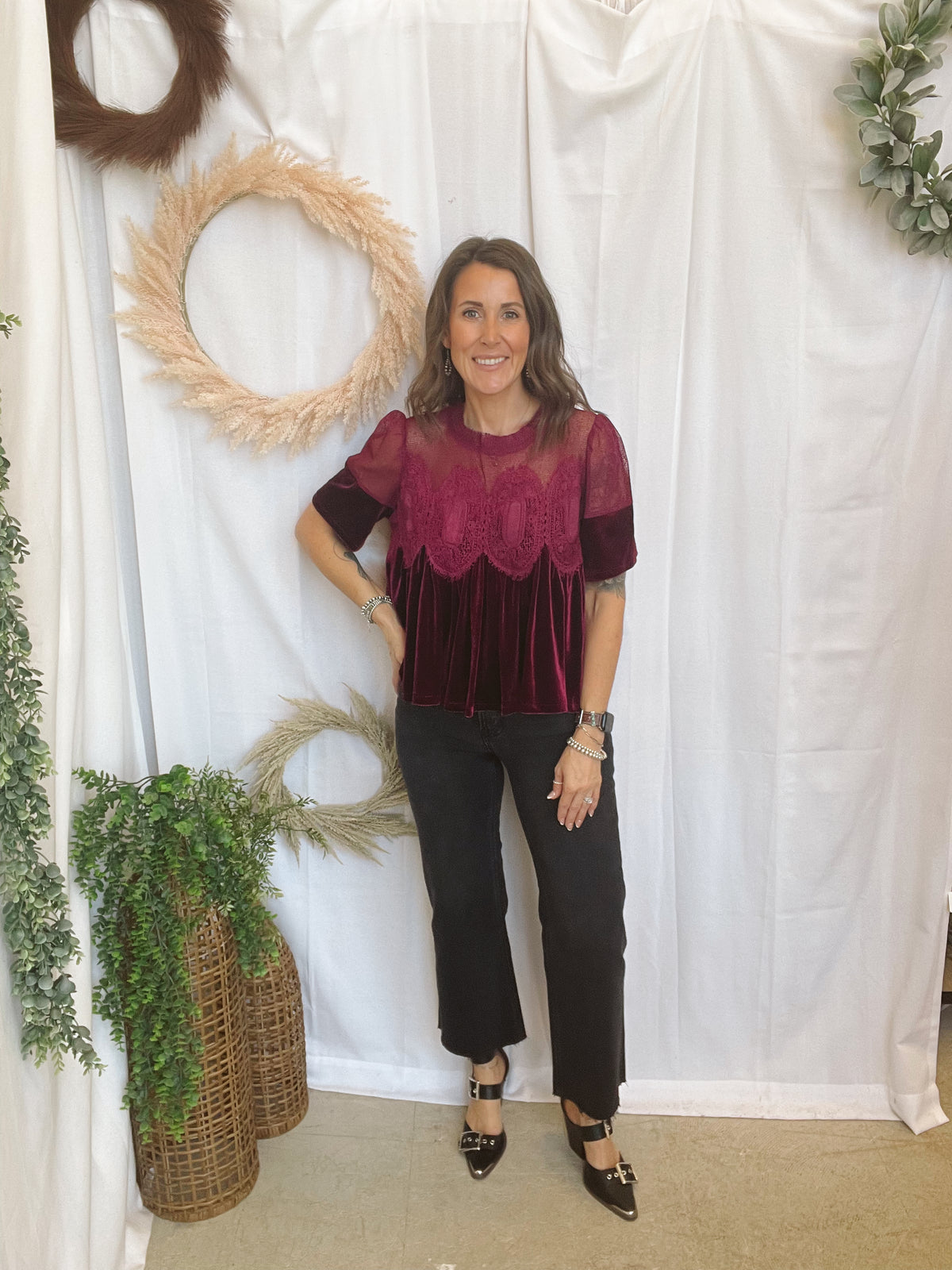 Velvet Scallop Top-Burgundy-Short Sleeve Tops-hem and thread-The Silo Boutique, Women's Fashion Boutique Located in Warren and Grand Forks North Dakota