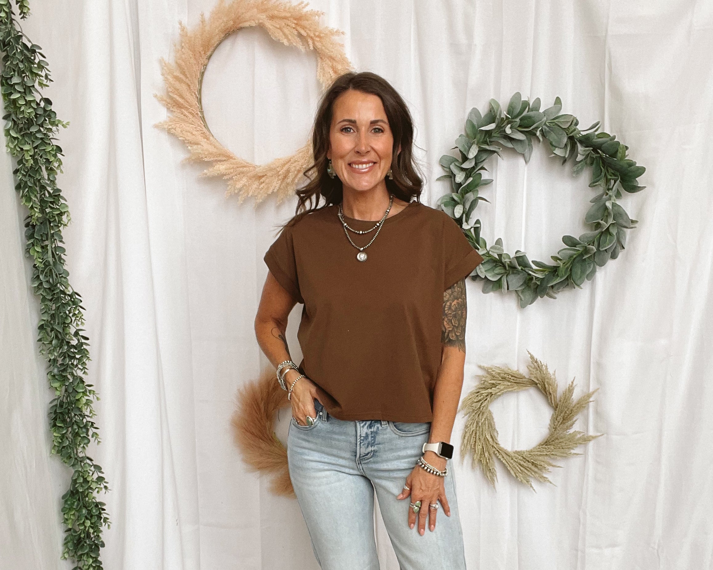 Miou Muse Cuffed Sleeve Top-Brown-Short Sleeve Tops-miou muse-The Silo Boutique, Women's Fashion Boutique Located in Warren and Grand Forks North Dakota
