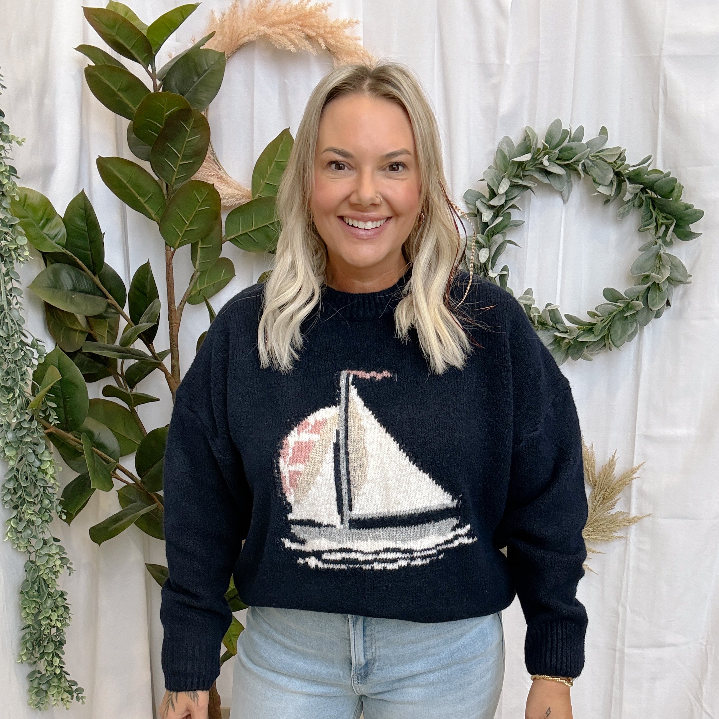 Navy Sailboat Knit Sweater-Sweaters-wishlist-The Silo Boutique, Women's Fashion Boutique Located in Warren and Grand Forks North Dakota