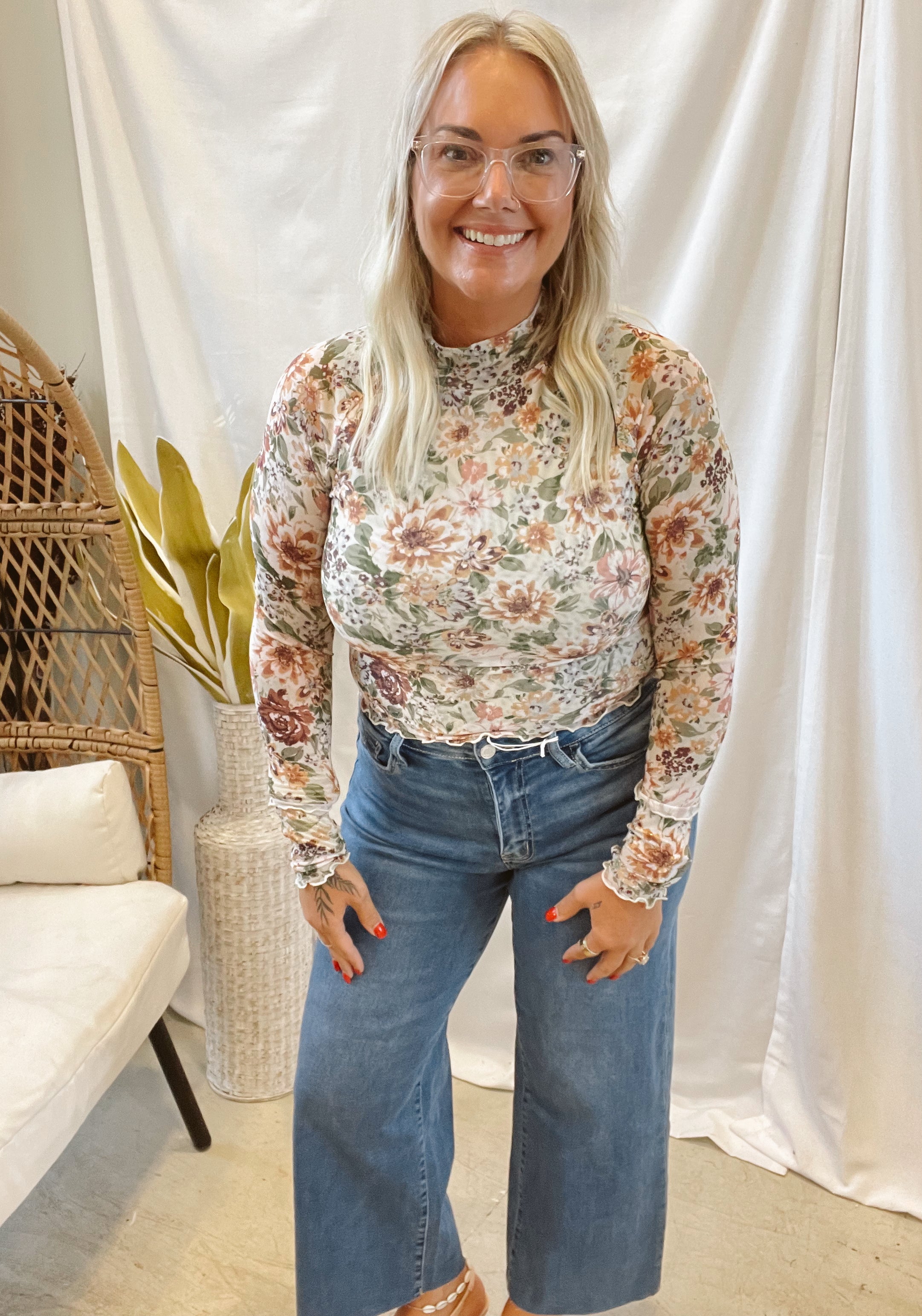 Floral Mesh Long Sleeve Top-Ivory-Long Sleeve Tops-promesa-The Silo Boutique, Women's Fashion Boutique Located in Warren and Grand Forks North Dakota