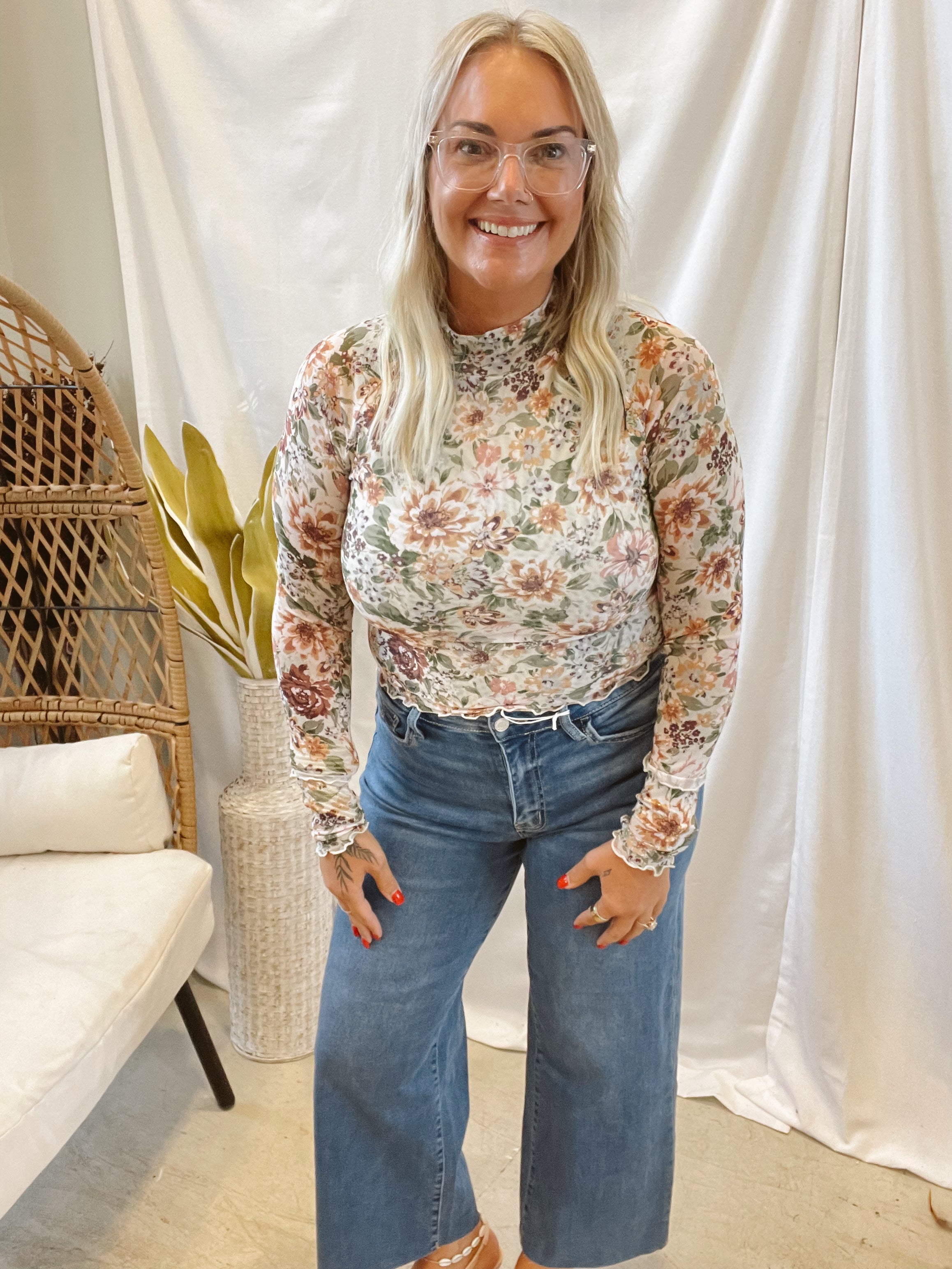 Floral Mesh Long Sleeve Top-Ivory-Long Sleeve Tops-promesa-The Silo Boutique, Women's Fashion Boutique Located in Warren and Grand Forks North Dakota