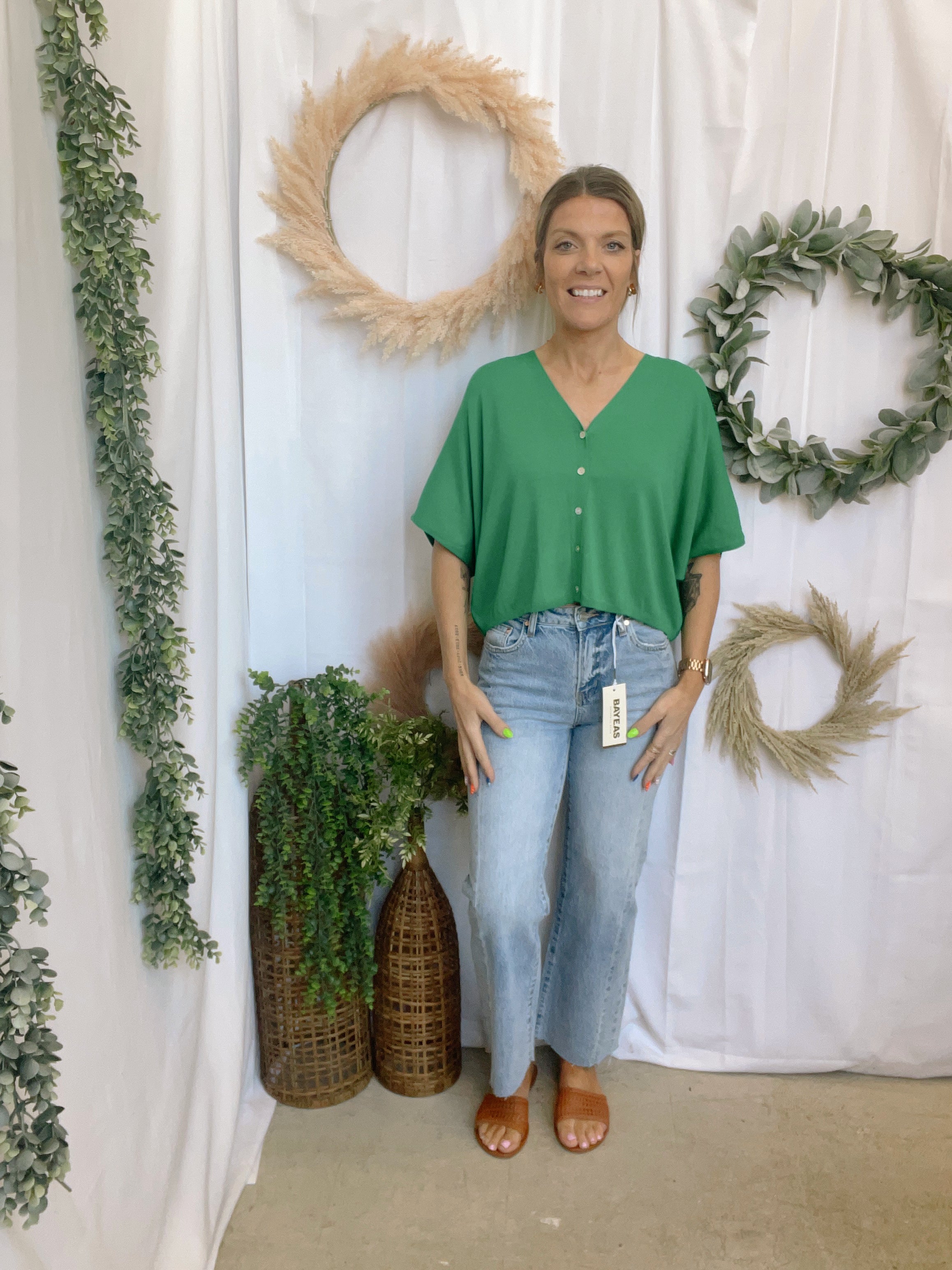 Charlie V Neck Top-Green-Short Sleeve Tops-ENTRO-The Silo Boutique, Women's Fashion Boutique Located in Warren and Grand Forks North Dakota