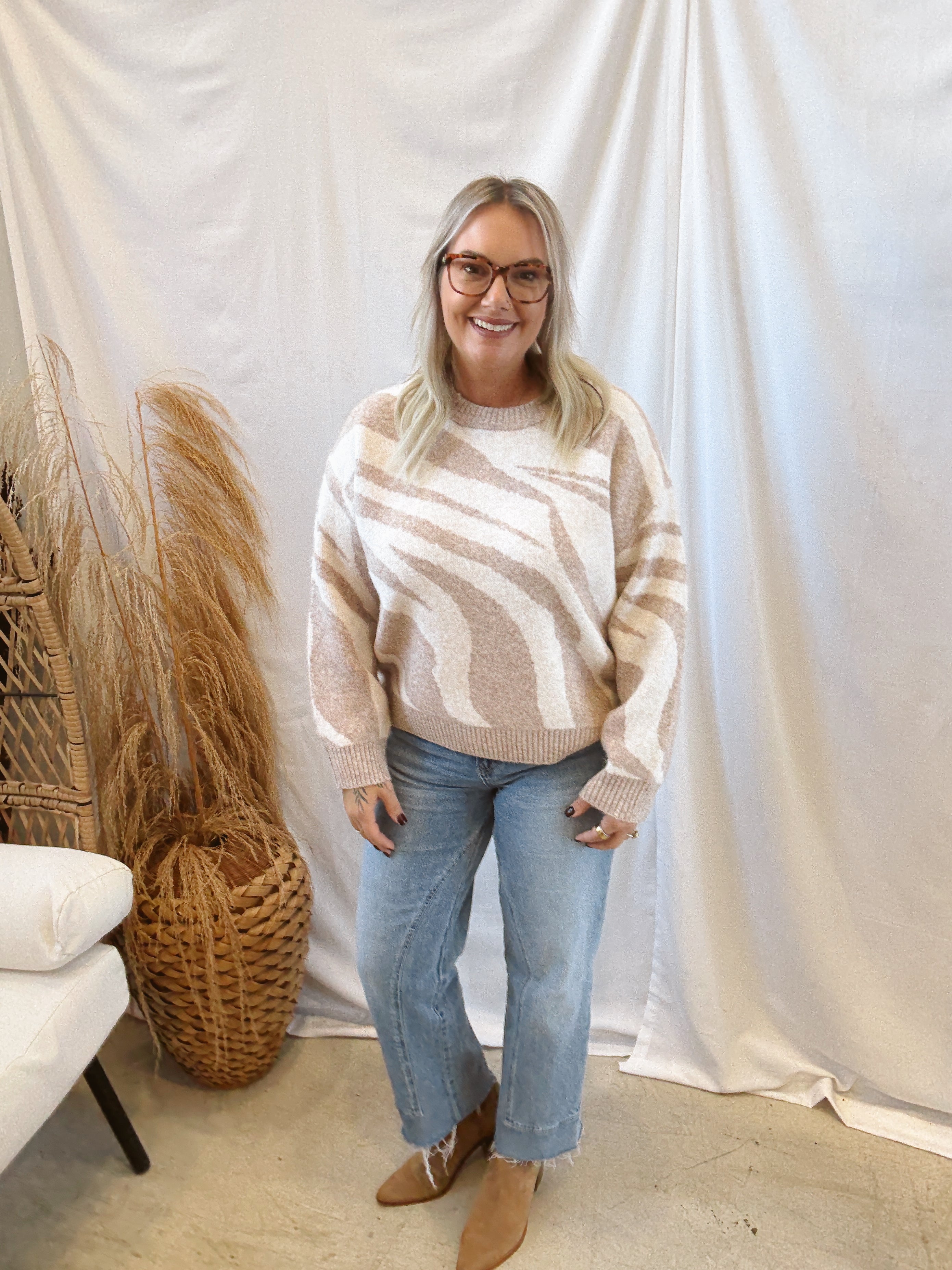Beige Zebra Sweater-Sweaters-Lumiere-The Silo Boutique, Women's Fashion Boutique Located in Warren and Grand Forks North Dakota
