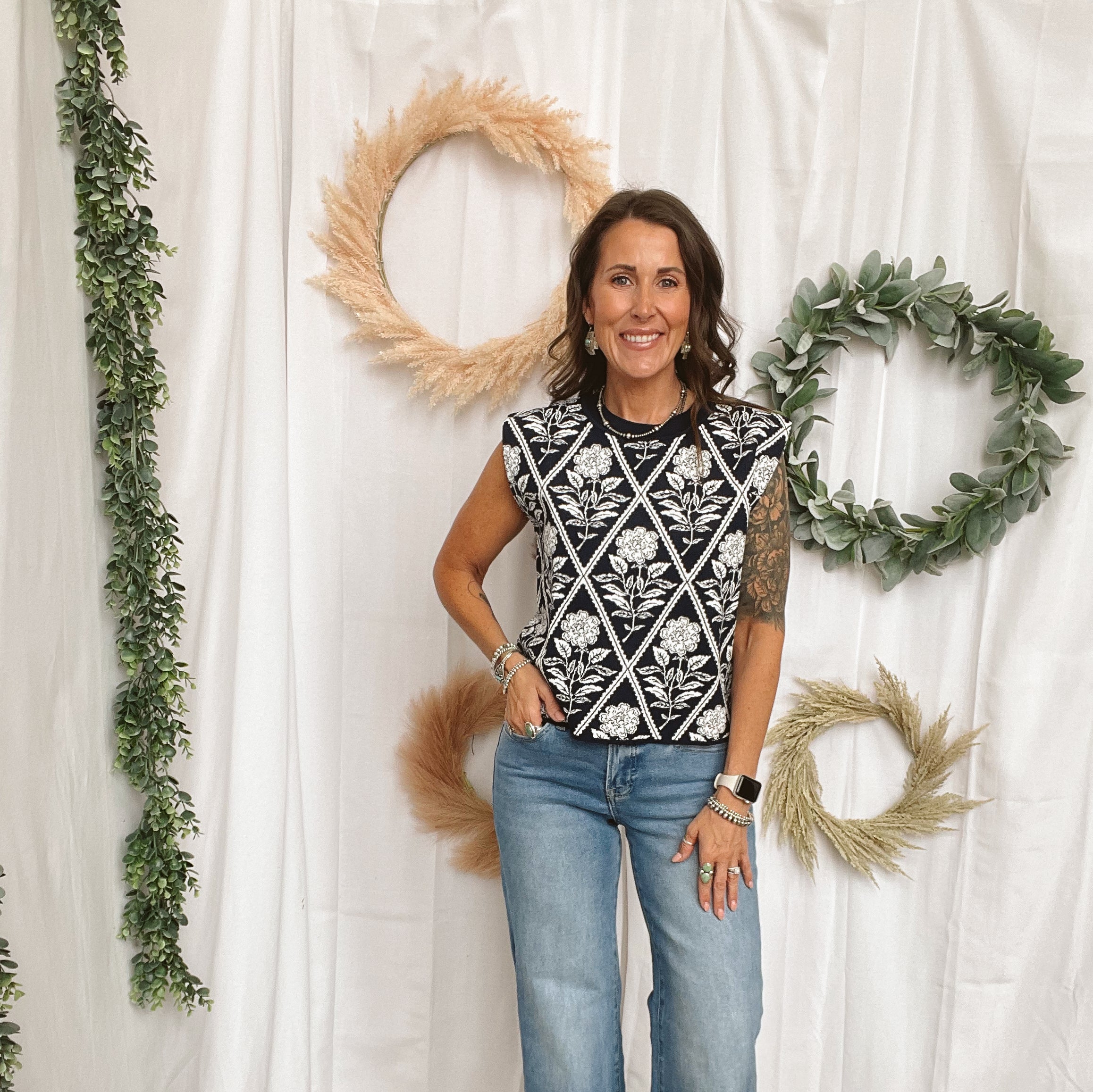 Leslie Blue Floral Sweater Tank Top-Short Sleeve Tops-ENTRO-The Silo Boutique, Women's Fashion Boutique Located in Warren and Grand Forks North Dakota
