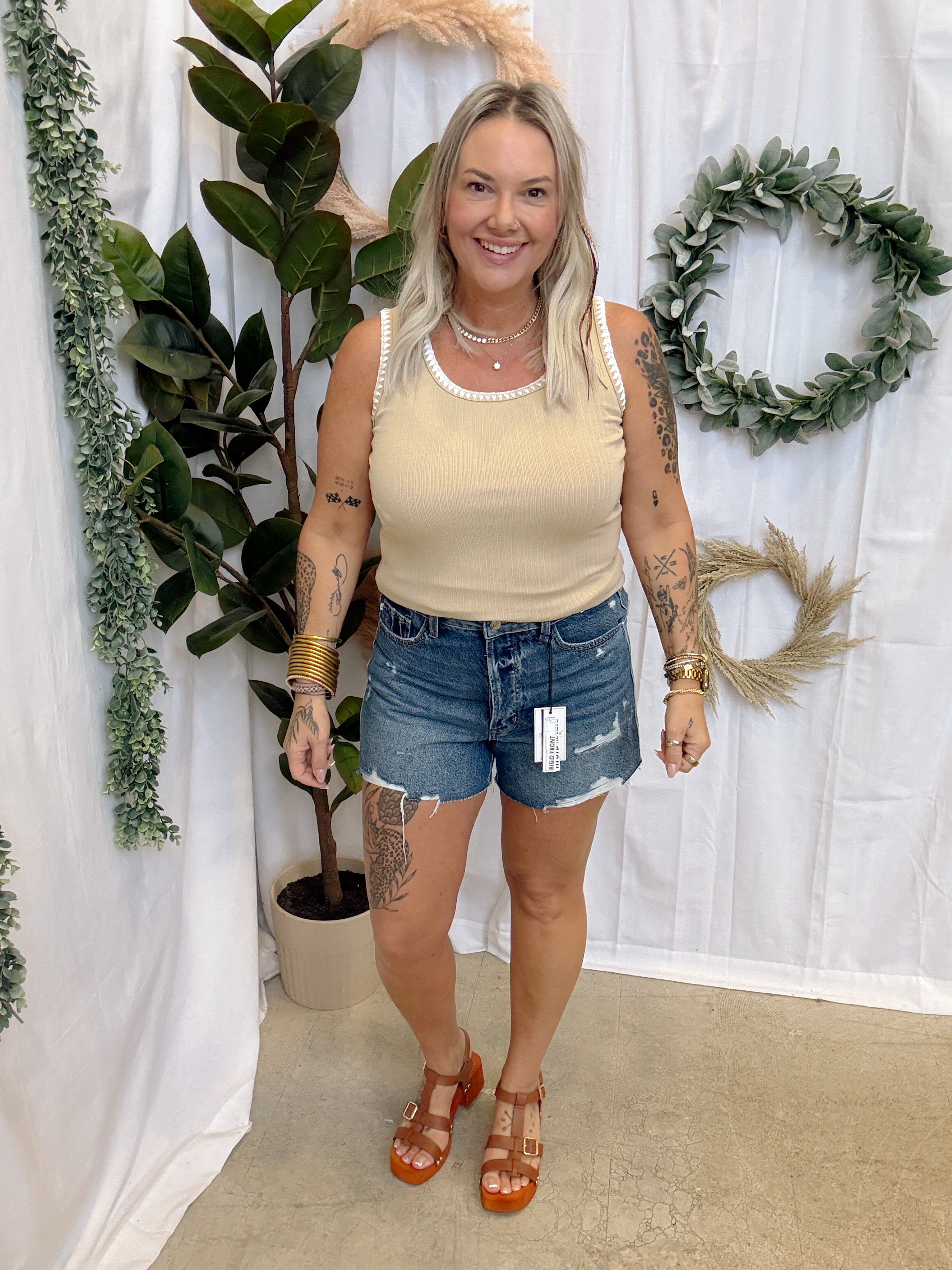 Blanket Stitch Tank Top-Taupe-Short Sleeve Tops-staccato-The Silo Boutique, Women's Fashion Boutique Located in Warren and Grand Forks North Dakota