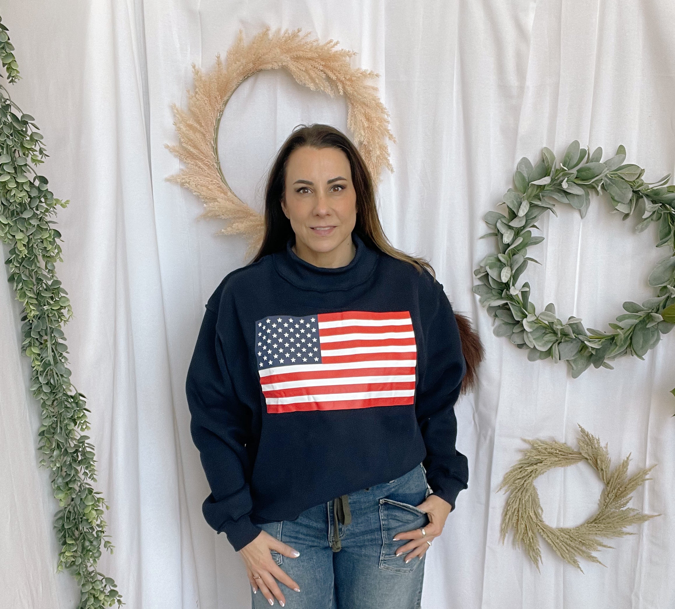 Bucketlist Flag/USA Reversible Sweatshirt-Navy-Final Sale-Sweatshirts-bucketlist-The Silo Boutique, Women's Fashion Boutique Located in Warren and Grand Forks North Dakota