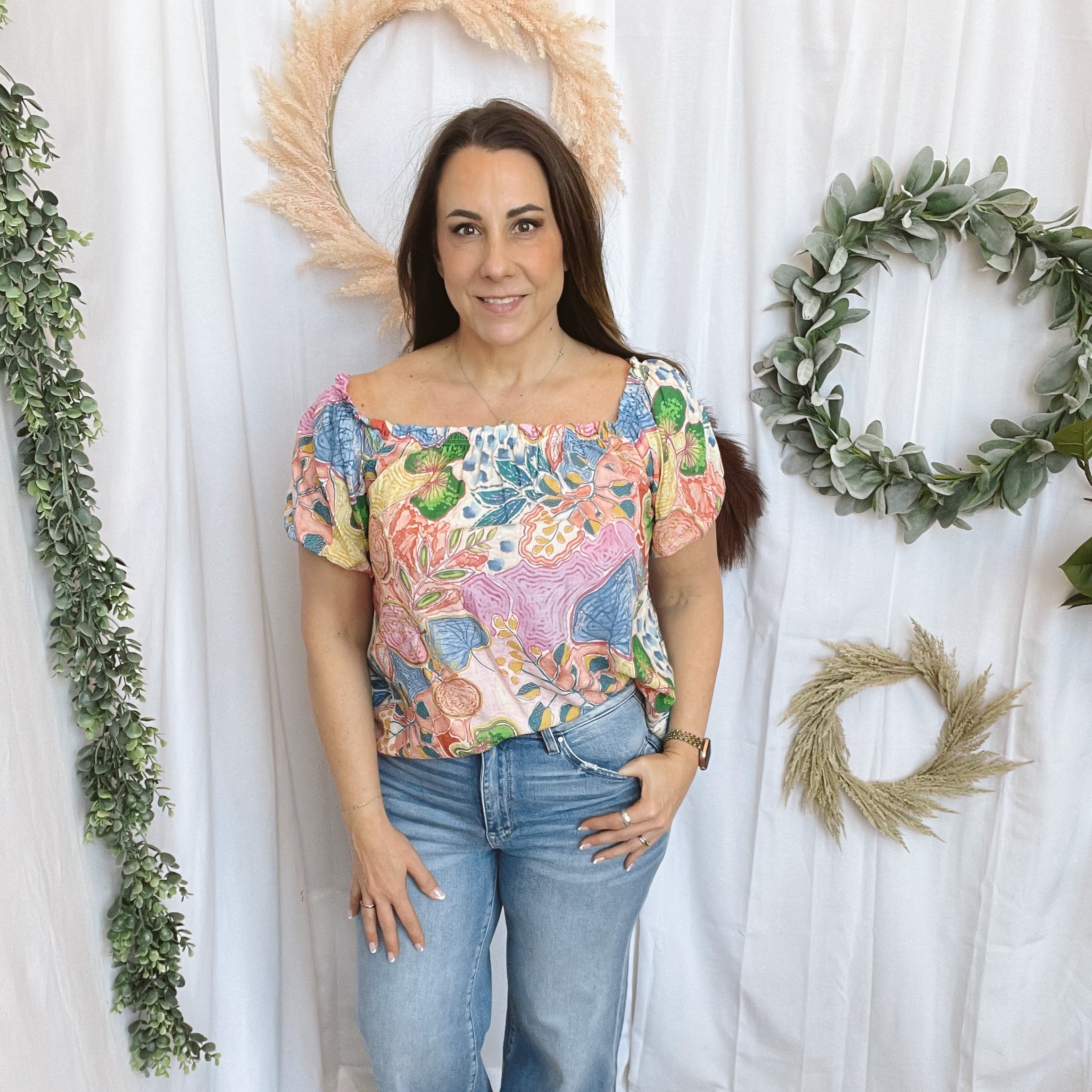 Bright and Floral Off the Shoulder Top-Short Sleeve Tops-les amis-The Silo Boutique, Women's Fashion Boutique Located in Warren and Grand Forks North Dakota