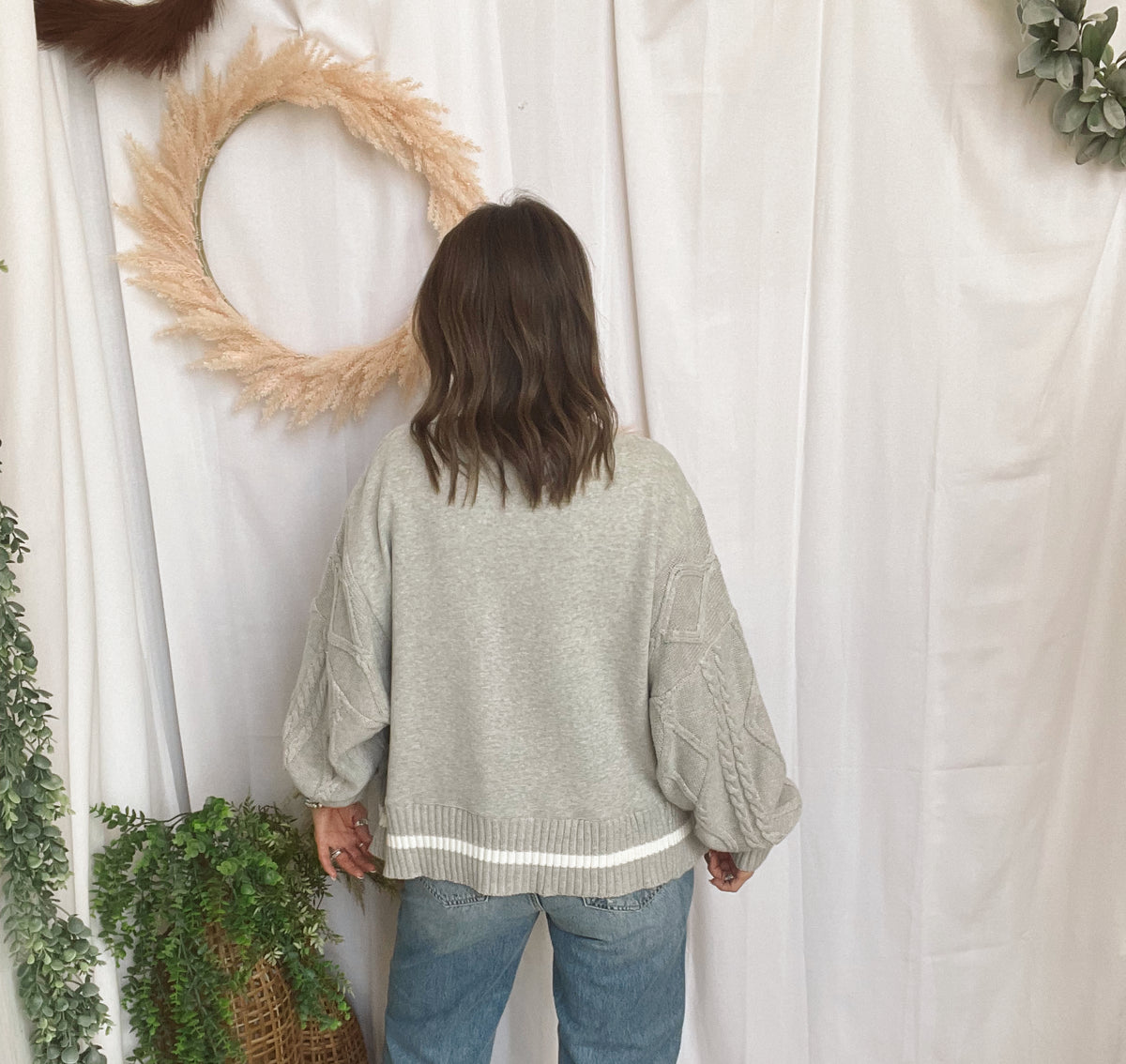 Lisa Cable Knit Sleeve Sweatshirt-Grey-Cardigans-lelis-The Silo Boutique, Women's Fashion Boutique Located in Warren and Grand Forks North Dakota